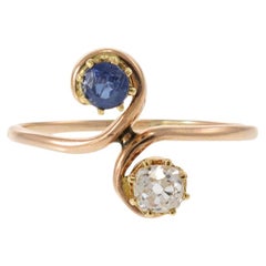 Bague à deux pierres en or jaune 10KT, diamants et saphirs, époque victorienne