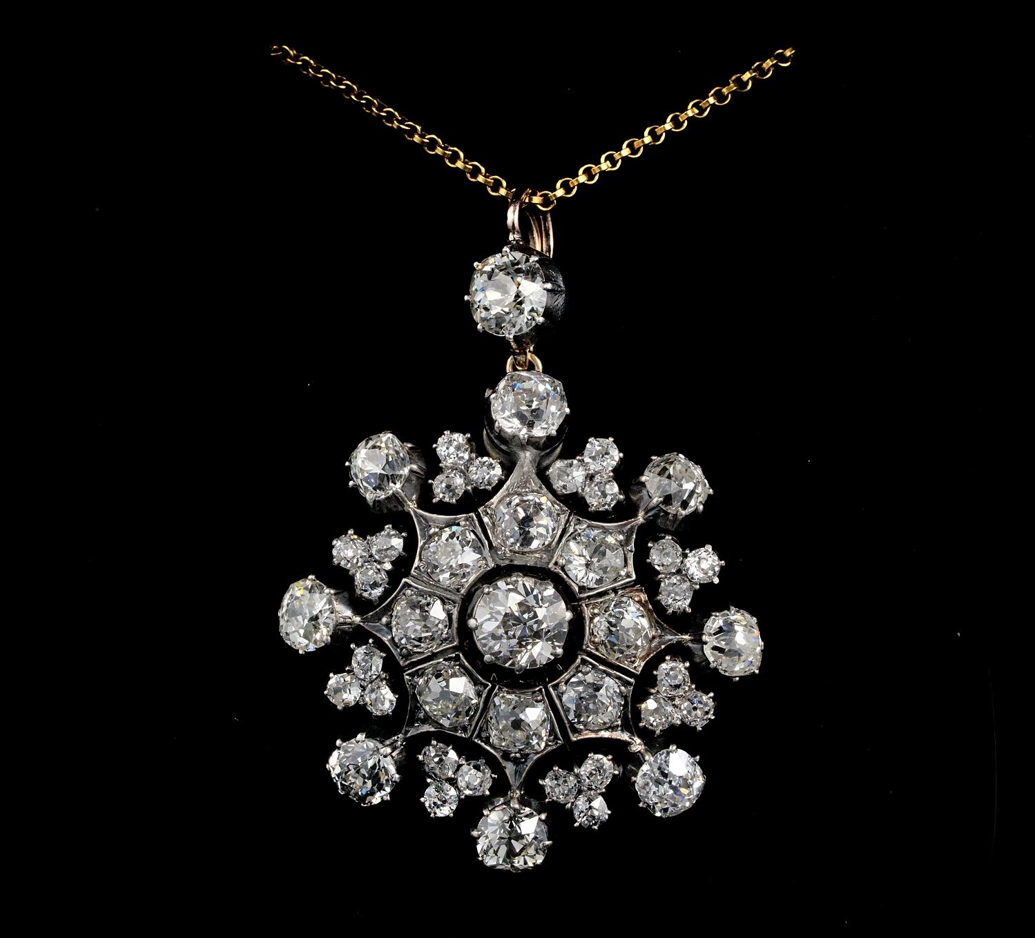 Heirloom
A rare, regal and extraordinary Victorian jewel, elegantly crafted in silver over rose gold, circa 1860
Festive, important, dazzling snowflake for an impressive impact whether worn as pendant or as pin brooch
This ravishing pendant and