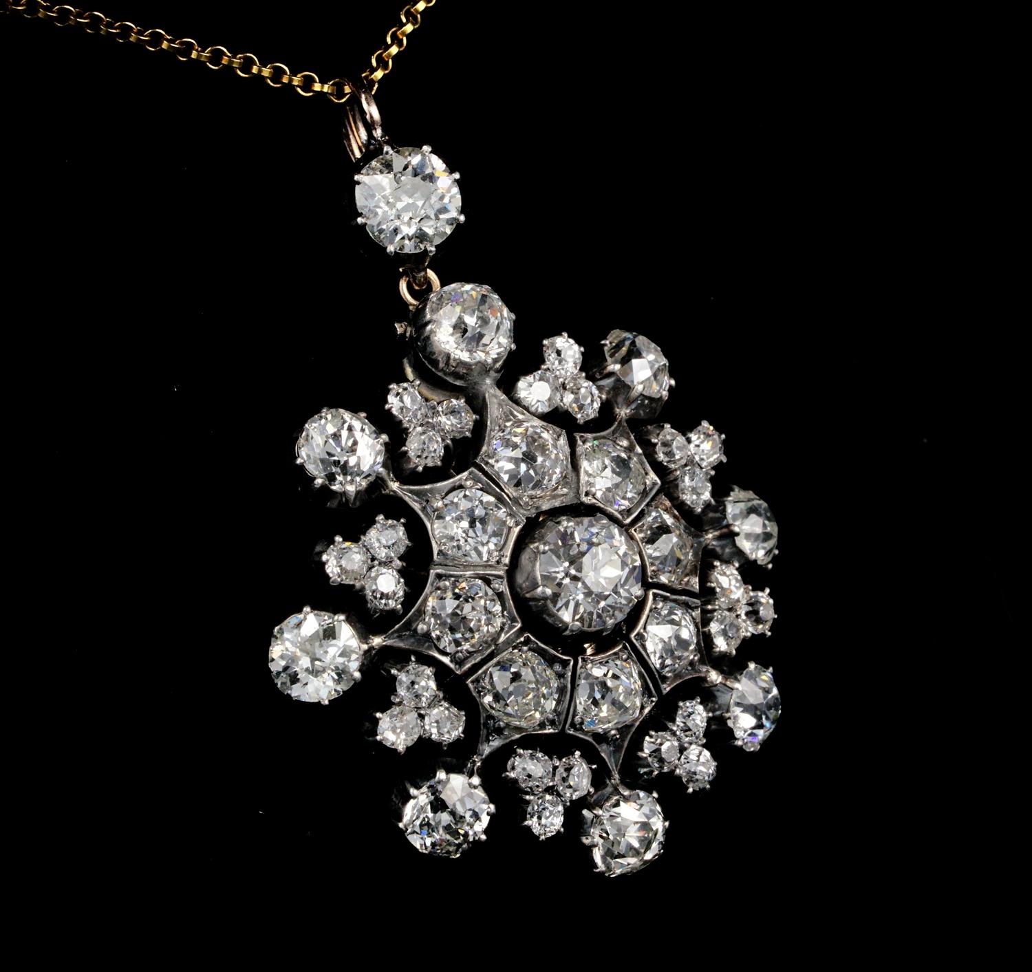 Women's Victorian Era 13.50 Carat Old Cut Diamond Rare Brooch Pendant For Sale