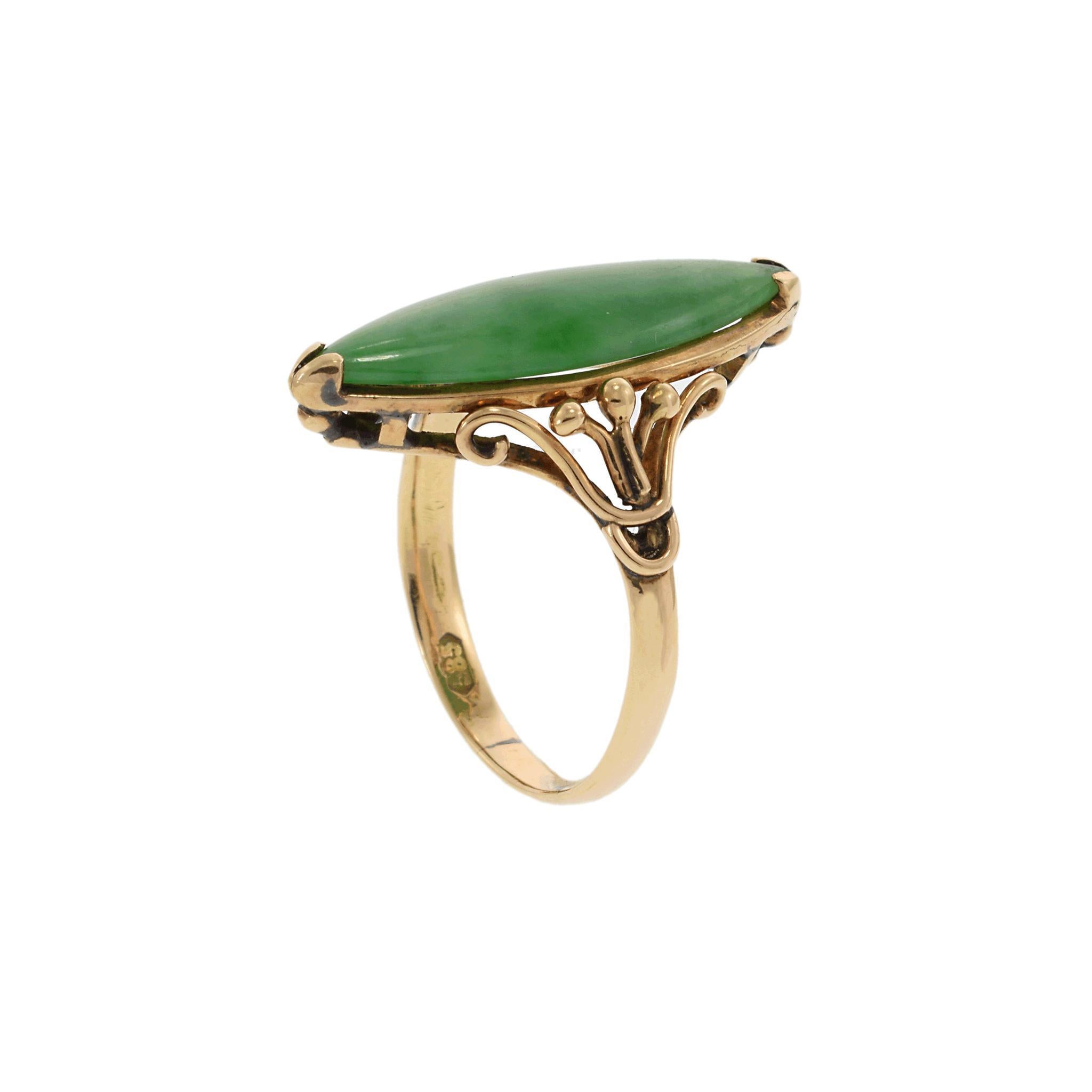 Marquise Cut Victorian Era 14K Gold Marquise-Cut Jade Ring For Sale