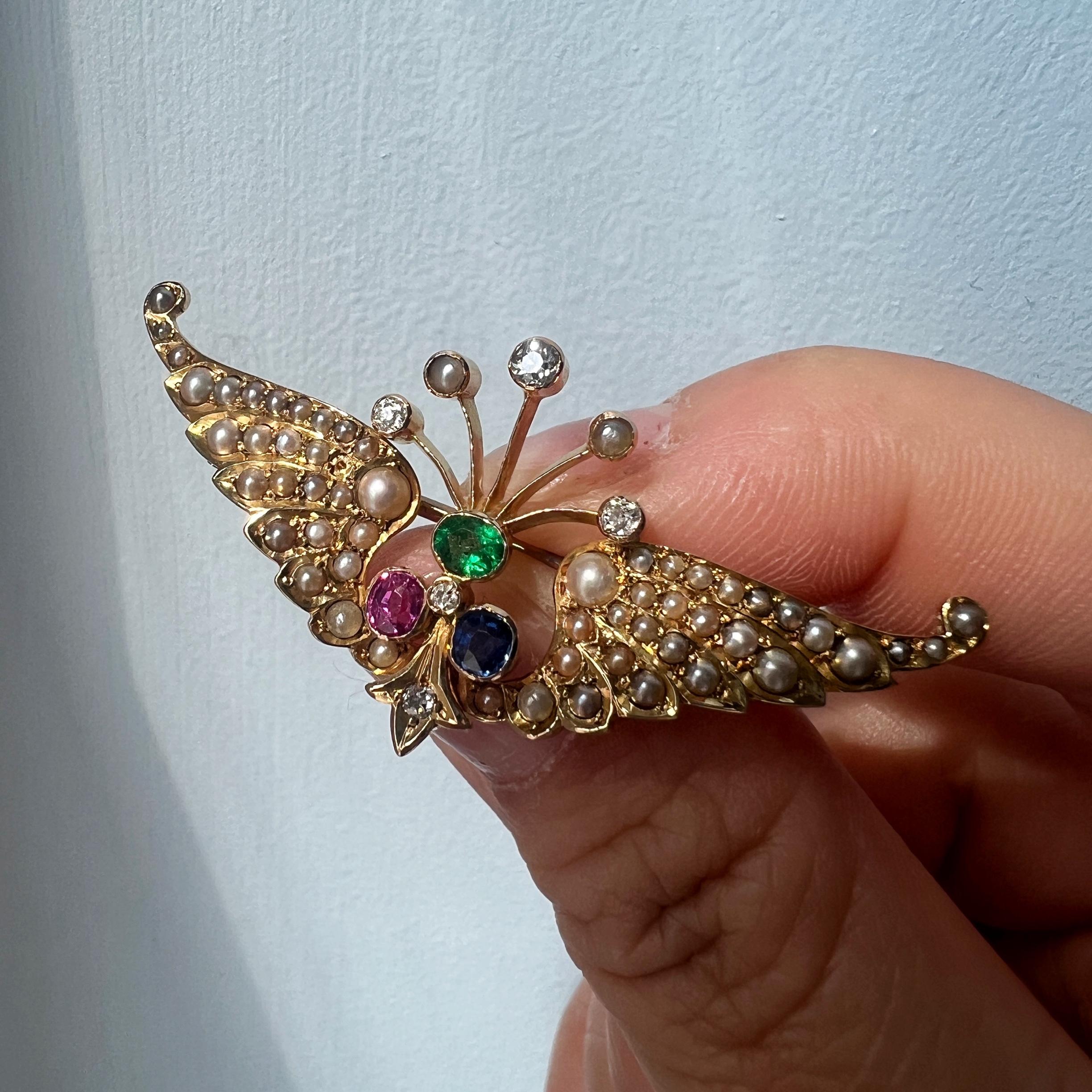 Rose Cut Victorian Era 14k Gold Pearl Diamond Pink /Blue Sapphire Emerald Wing Brooch