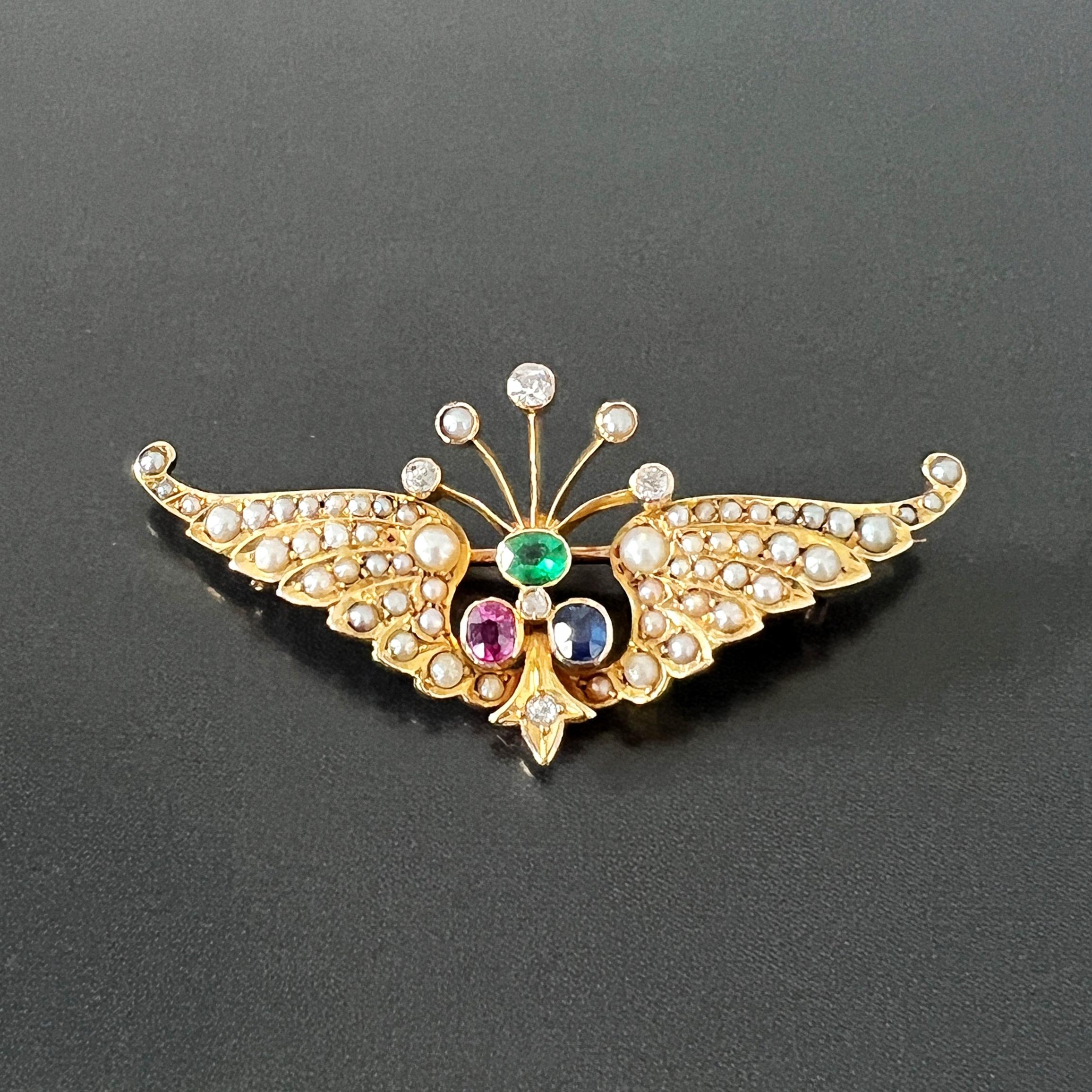 Women's or Men's Victorian Era 14k Gold Pearl Diamond Pink /Blue Sapphire Emerald Wing Brooch