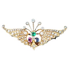 Victorian Era 14k Gold Pearl Diamond Pink /Blue Sapphire Emerald Wing Brooch