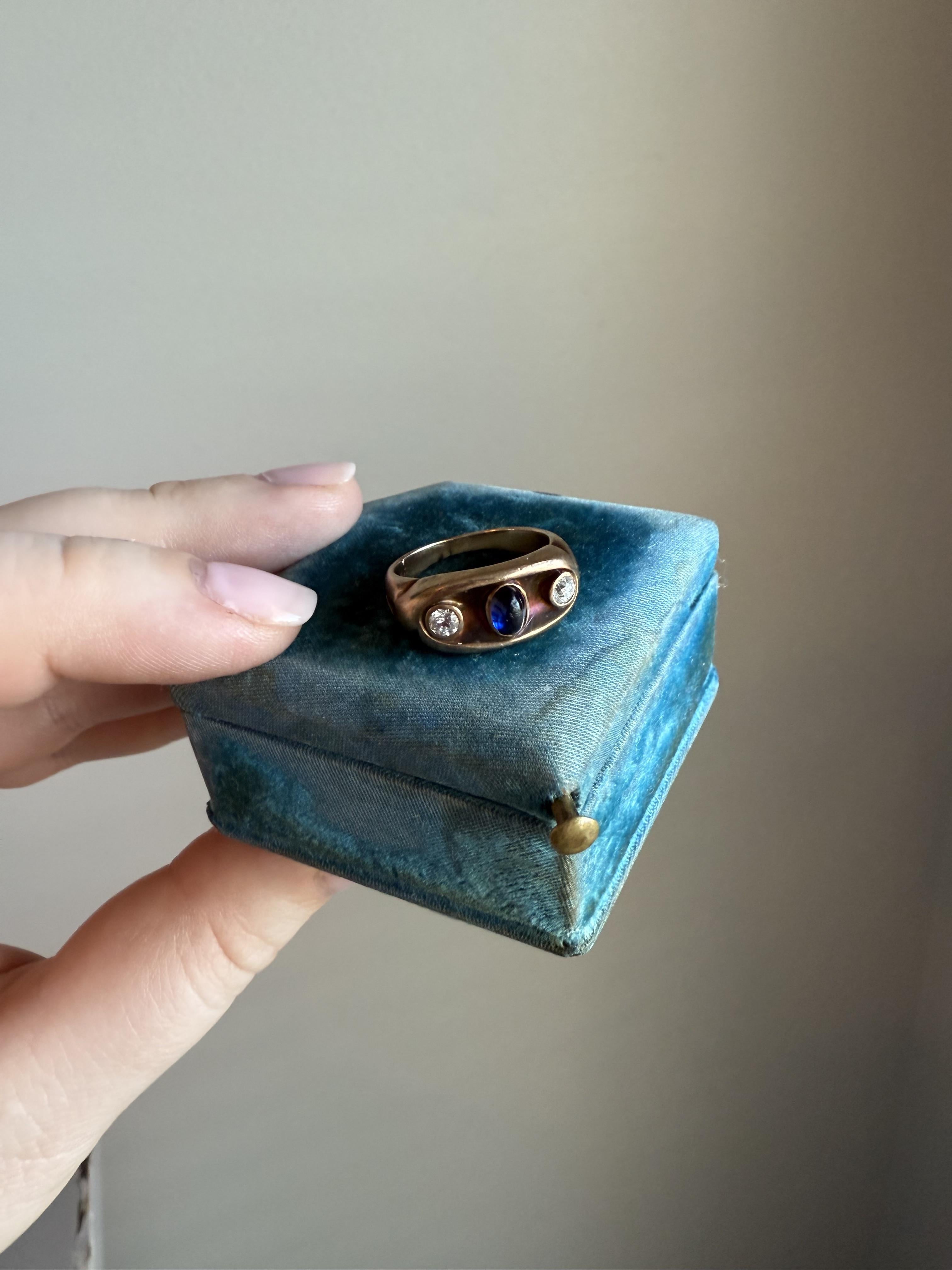 Women's Victorian Era 14K Rose Gold Cabochon Sapphire & Diamond Ring For Sale