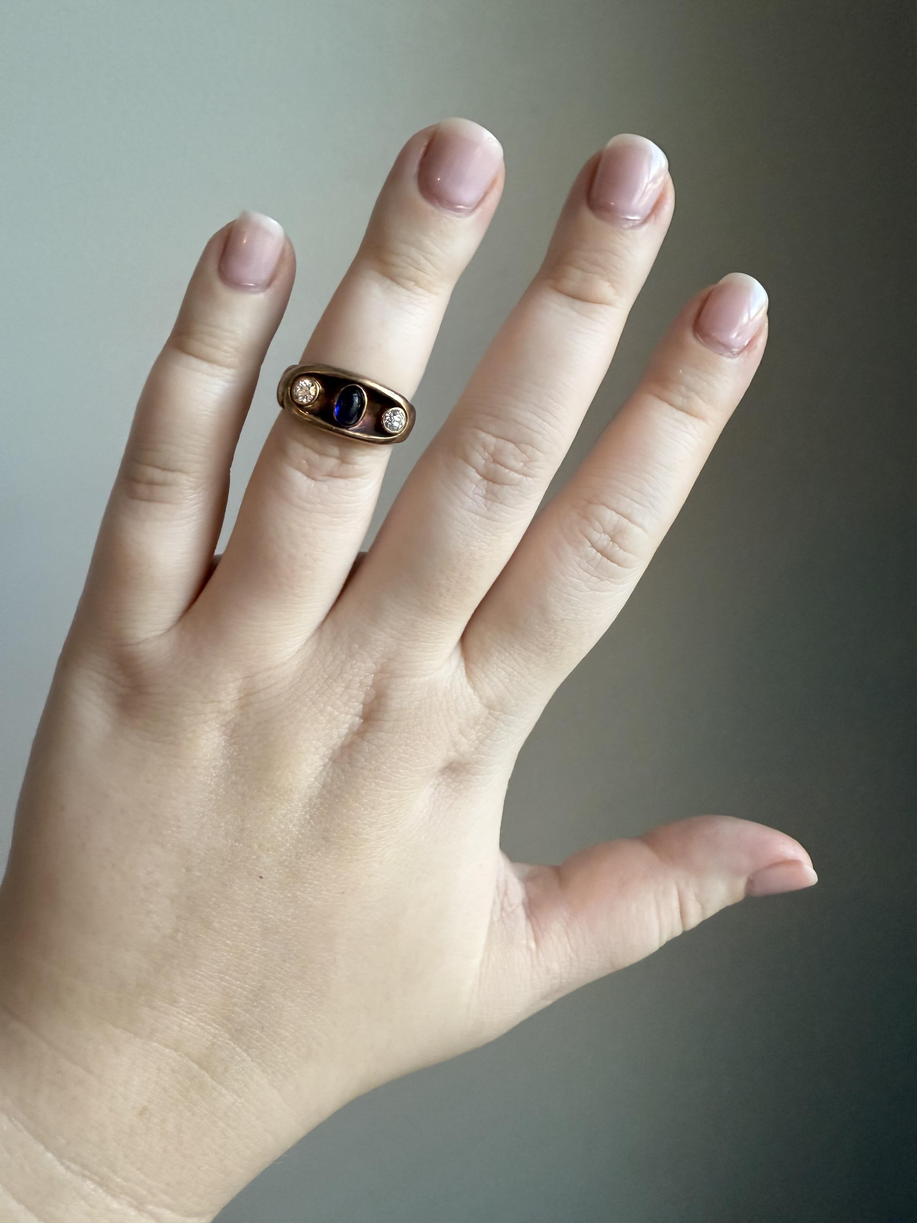 Victorian Era 14K Rose Gold Cabochon Sapphire & Diamond Ring For Sale 1