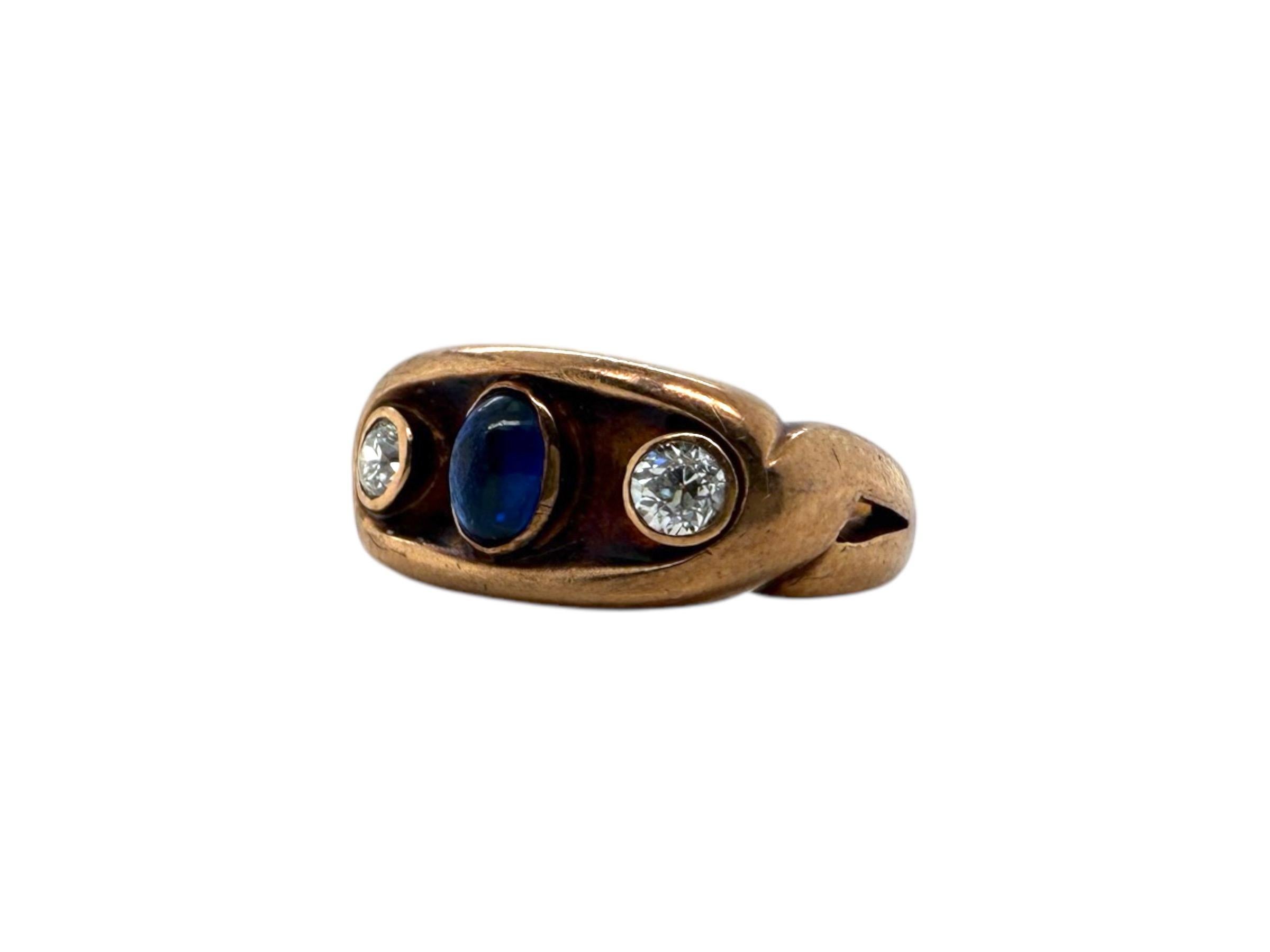 Victorian Era 14K Rose Gold Cabochon Sapphire & Diamond Ring For Sale 3