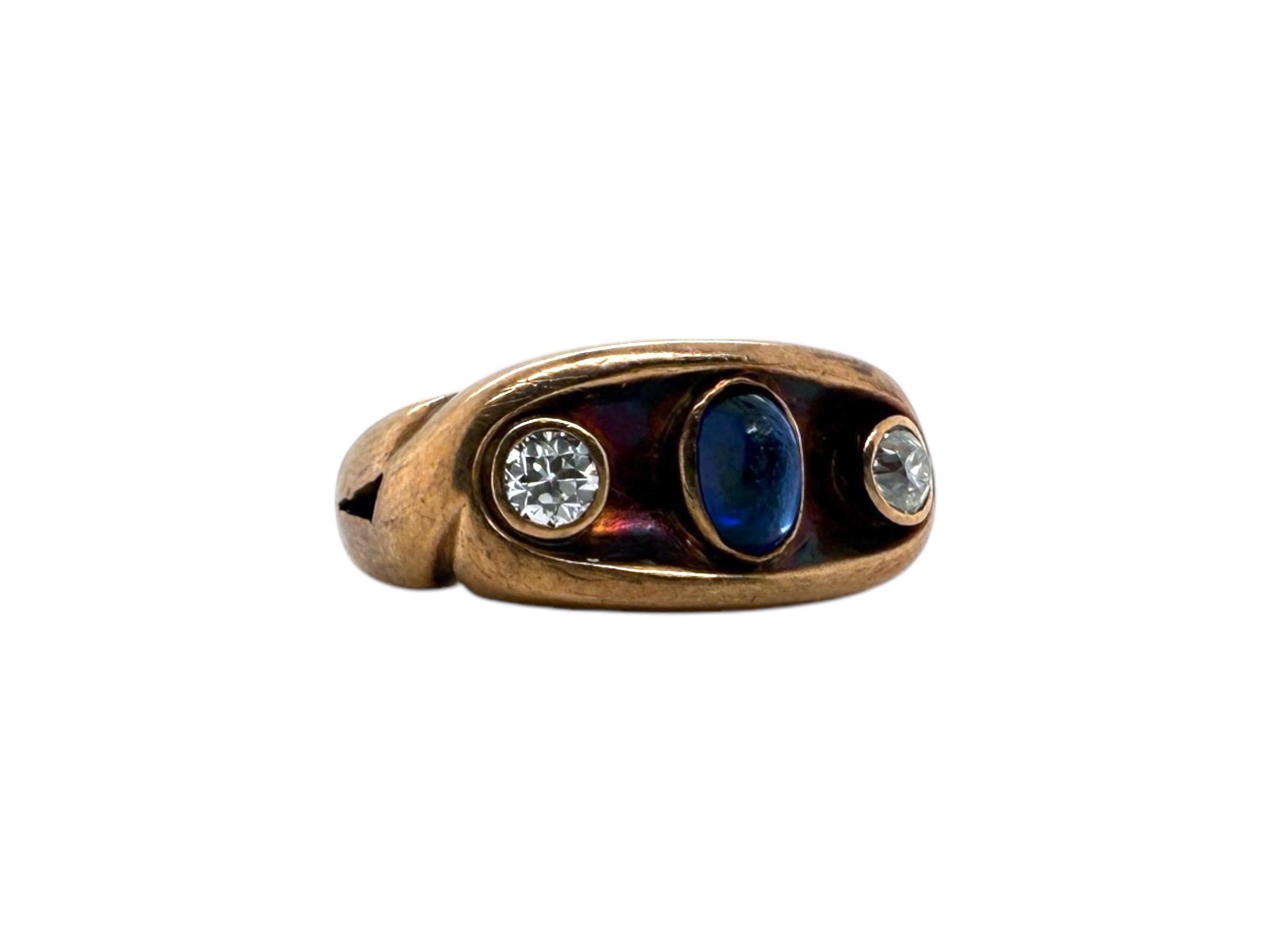 Victorian Era 14K Rose Gold Cabochon Sapphire & Diamond Ring For Sale 4