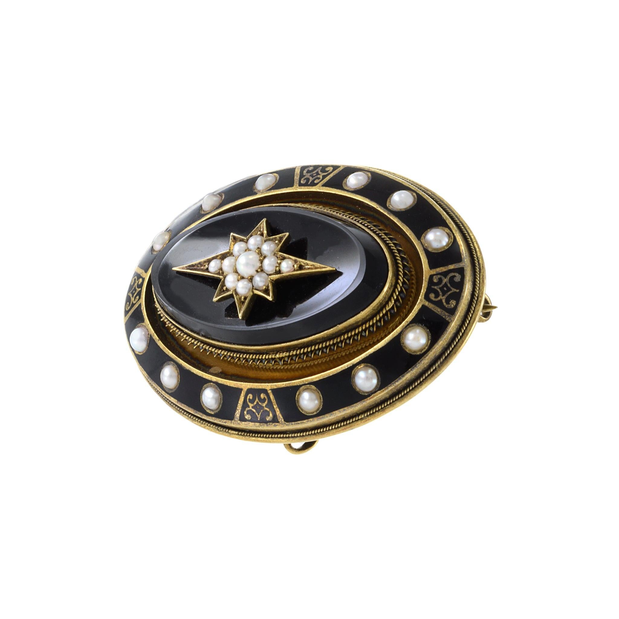 Round Cut Victorian Era 14KT Yellow Gold Black Onyx, Black Enamel And Seed Pearl Pin For Sale