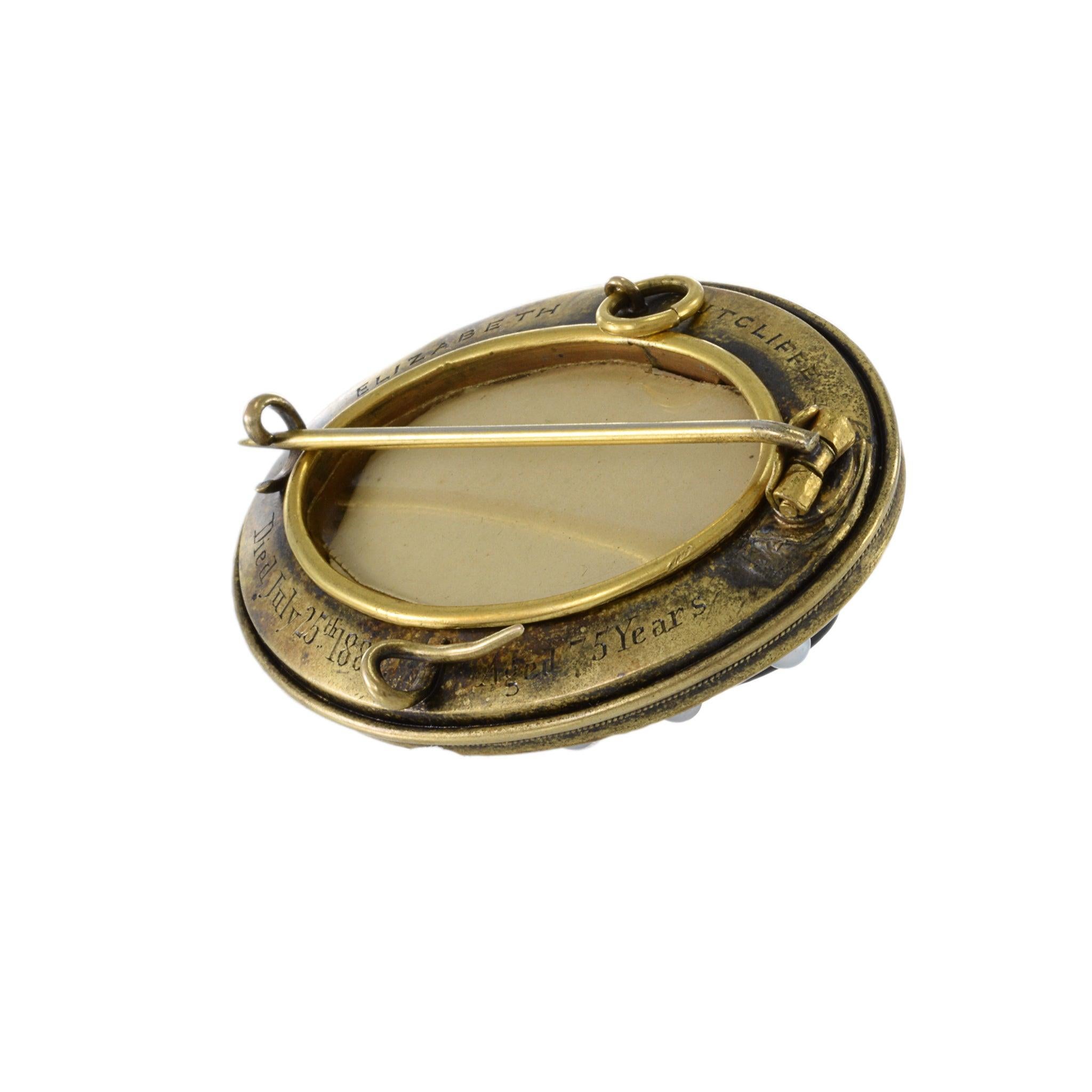 Women's Victorian Era 14KT Yellow Gold Black Onyx, Black Enamel And Seed Pearl Pin For Sale