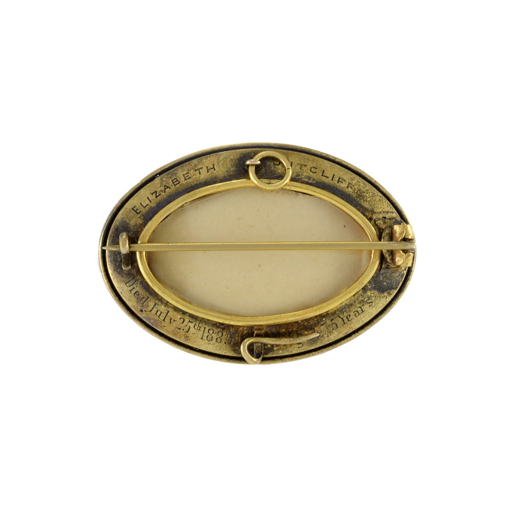 Victorian Era 14KT Yellow Gold Black Onyx, Black Enamel And Seed Pearl Pin For Sale 1