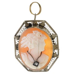 Victorian Era 14KT Yellow Gold Cameo Diamond Brooch Pendant