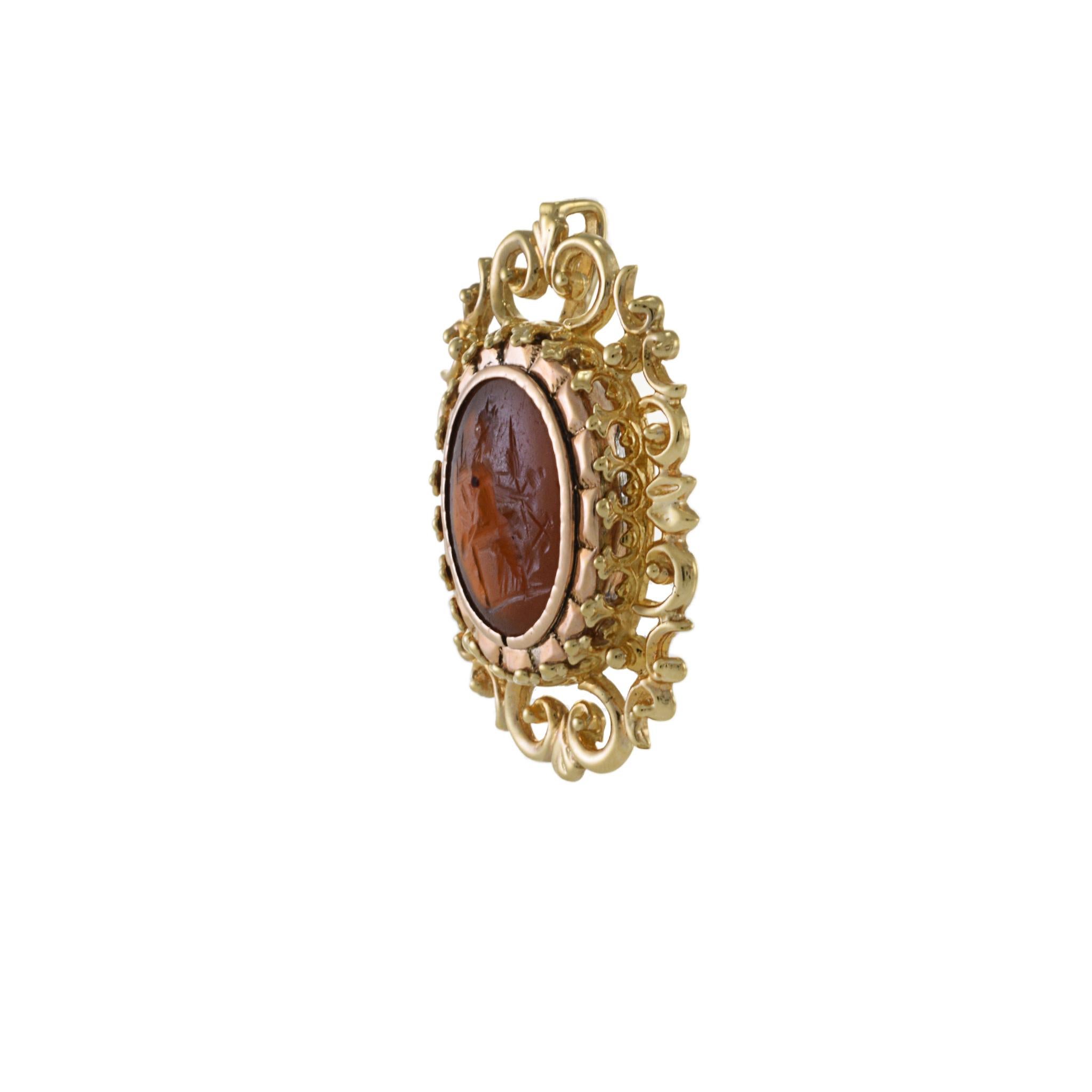 Oval Cut Victorian Era 14KT Yellow Gold Carnelian Intaglio Pendant For Sale