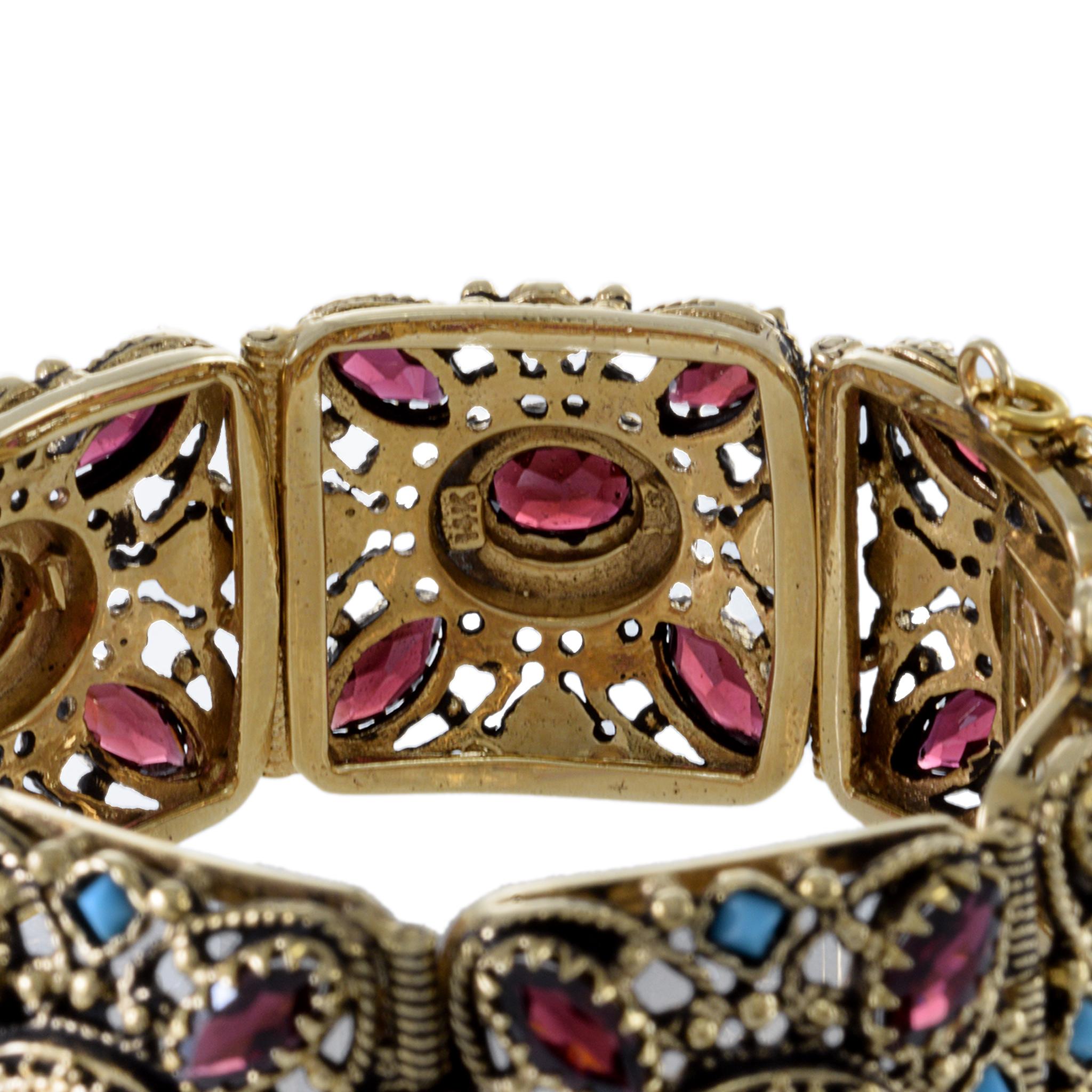 Victorien Bracelet à section large en or jaune 14 carats, grenat et turquoise de l'époque victorienne en vente
