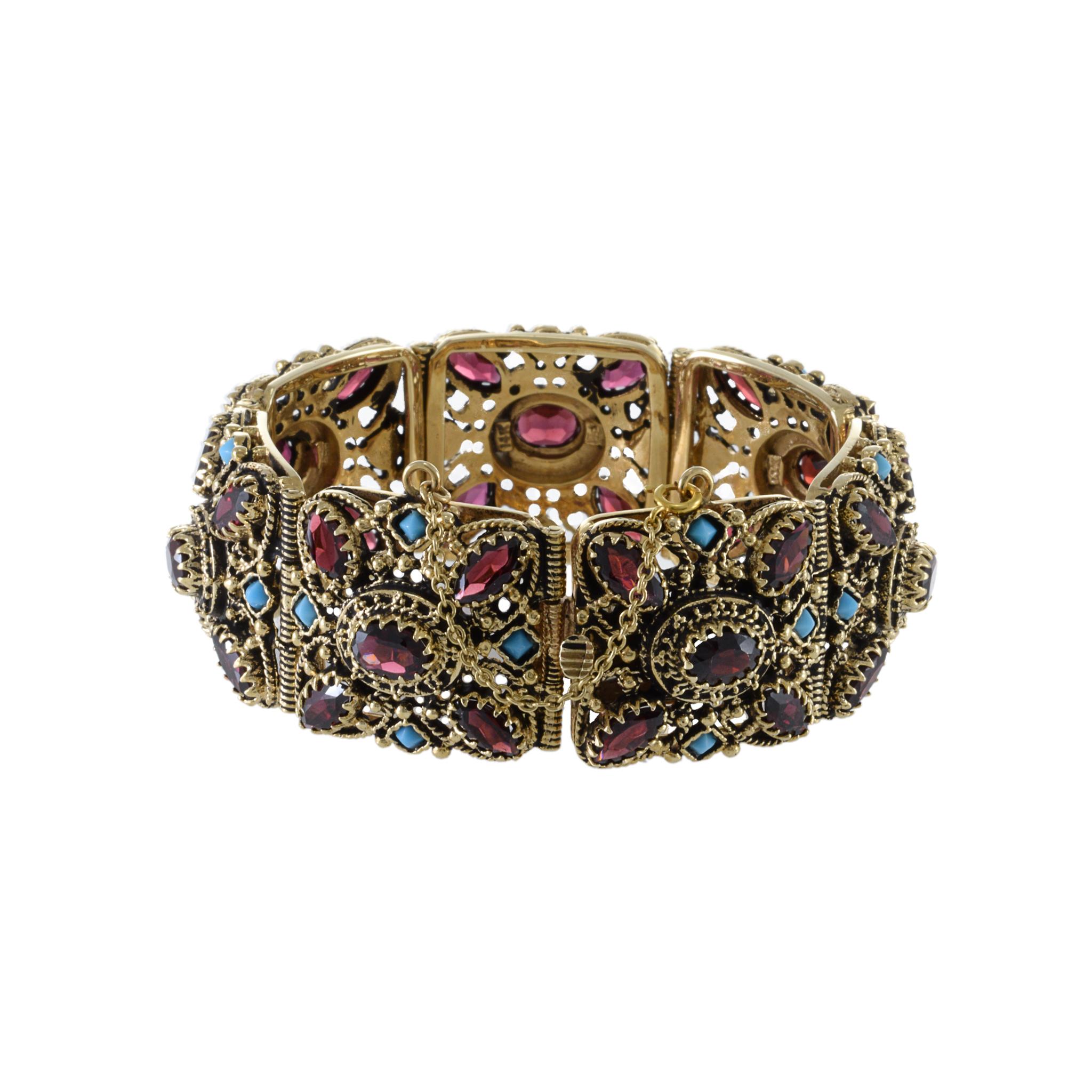 Taille ovale Bracelet à section large en or jaune 14 carats, grenat et turquoise de l'époque victorienne en vente