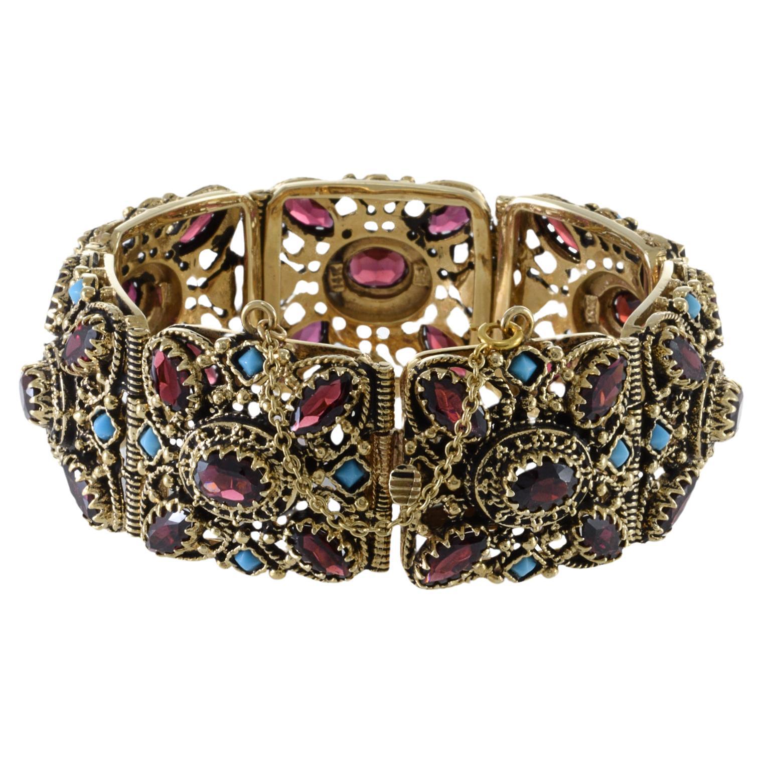 Victorian Era 14KT Yellow Gold Garnet And Turquoise Wide Section Bracelet