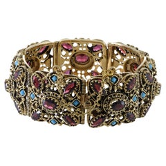 Bracciale d'epoca vittoriana in oro giallo 14KT con granato e turchese a sezione larga