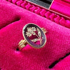 Victorian Era 18k Gold Amethyst Diamond Piqué "Rose of Sharon" Flower Ring