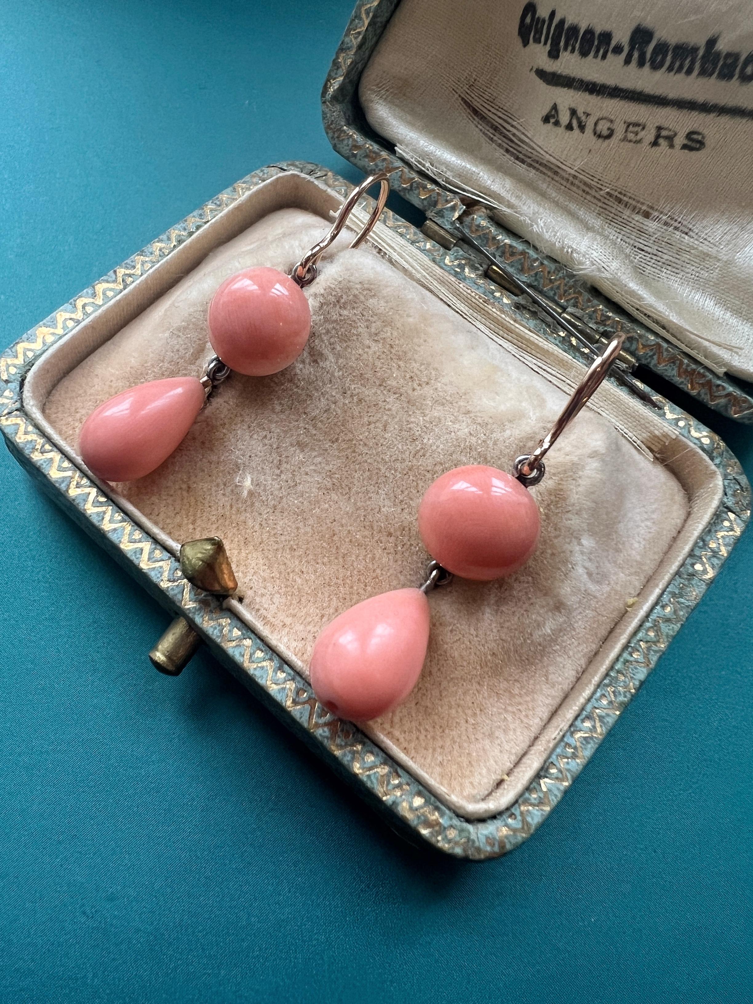 Early Victorian Victorian Era 18k Gold Angel Skin Pink Coral Drop Earrings