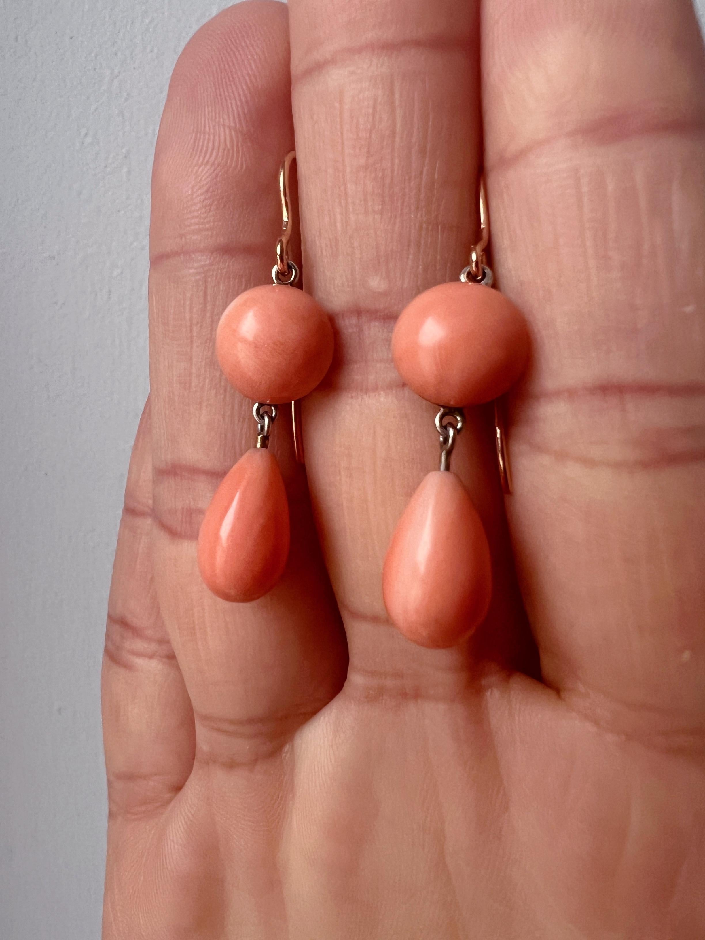 Victorian Era 18k Gold Angel Skin Pink Coral Drop Earrings 1