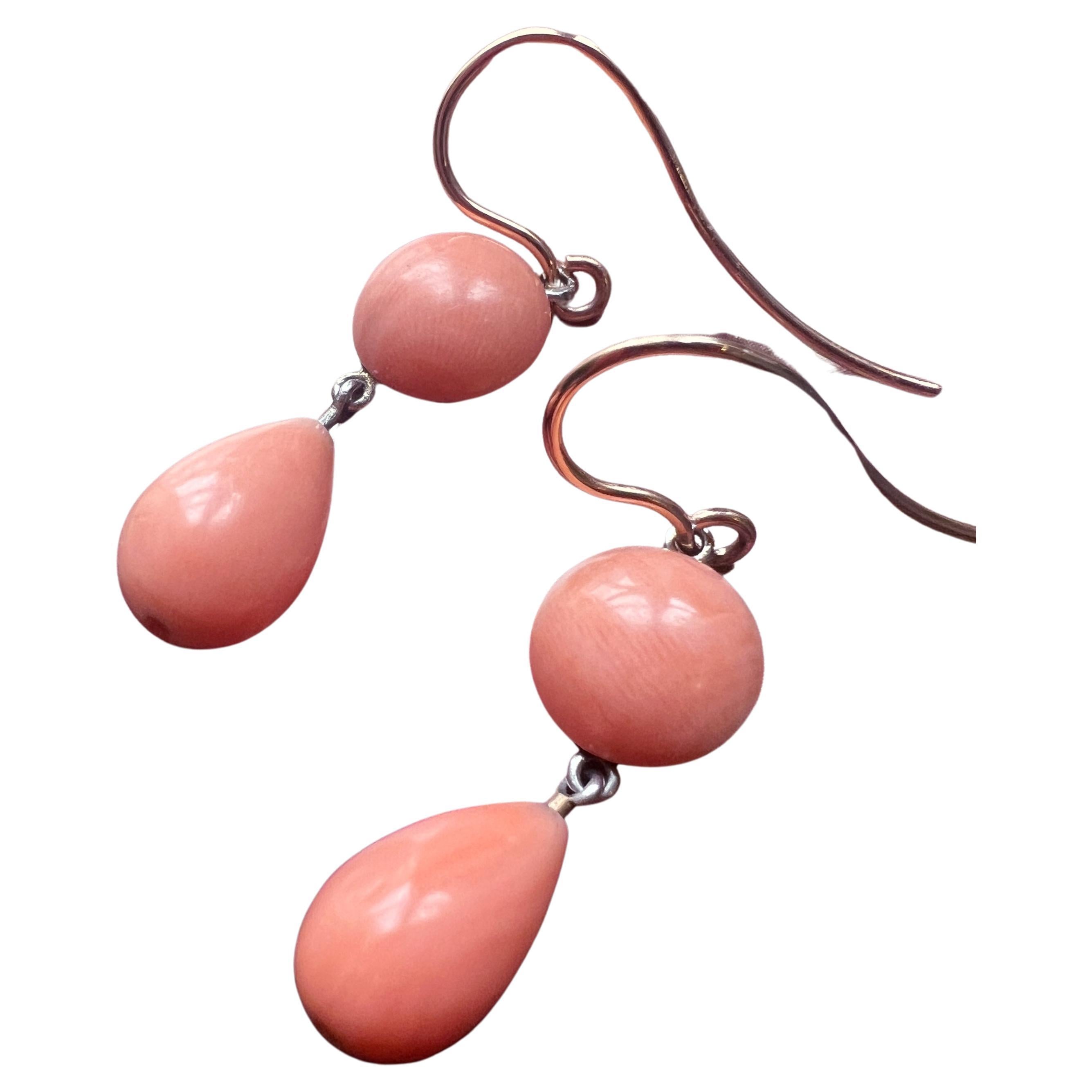 Victorian Era 18k Gold Angel Skin Pink Coral Drop Earrings