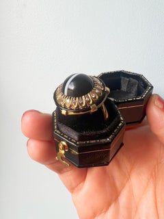 Victorian Era 18k Gold Banded Agate Diamond Enamel Ring