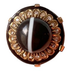 Victorian Era 18k Gold Banded Agate Diamond Enamel Ring