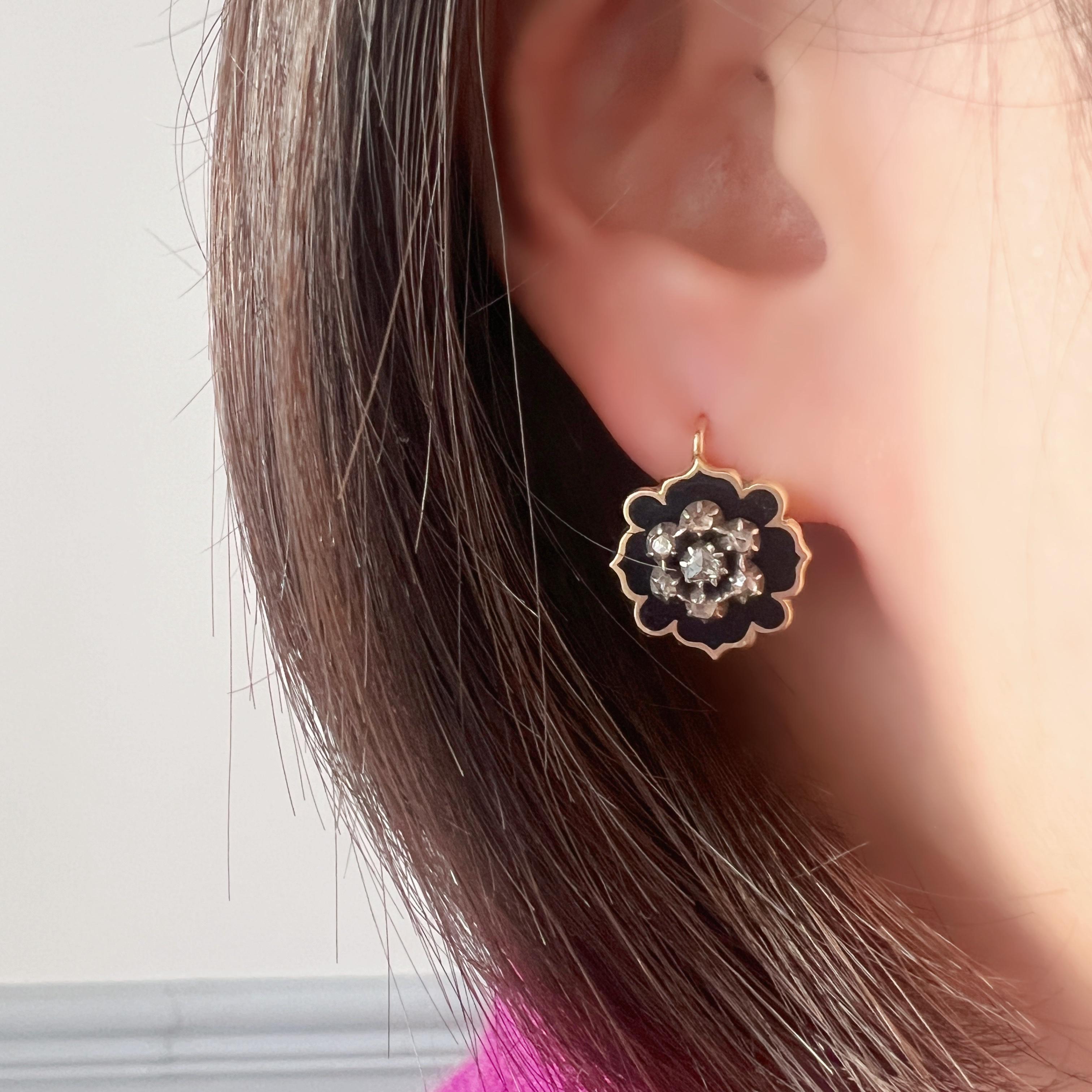 Rose Cut Victorian era 18k gold black enamel diamond dangle earrings