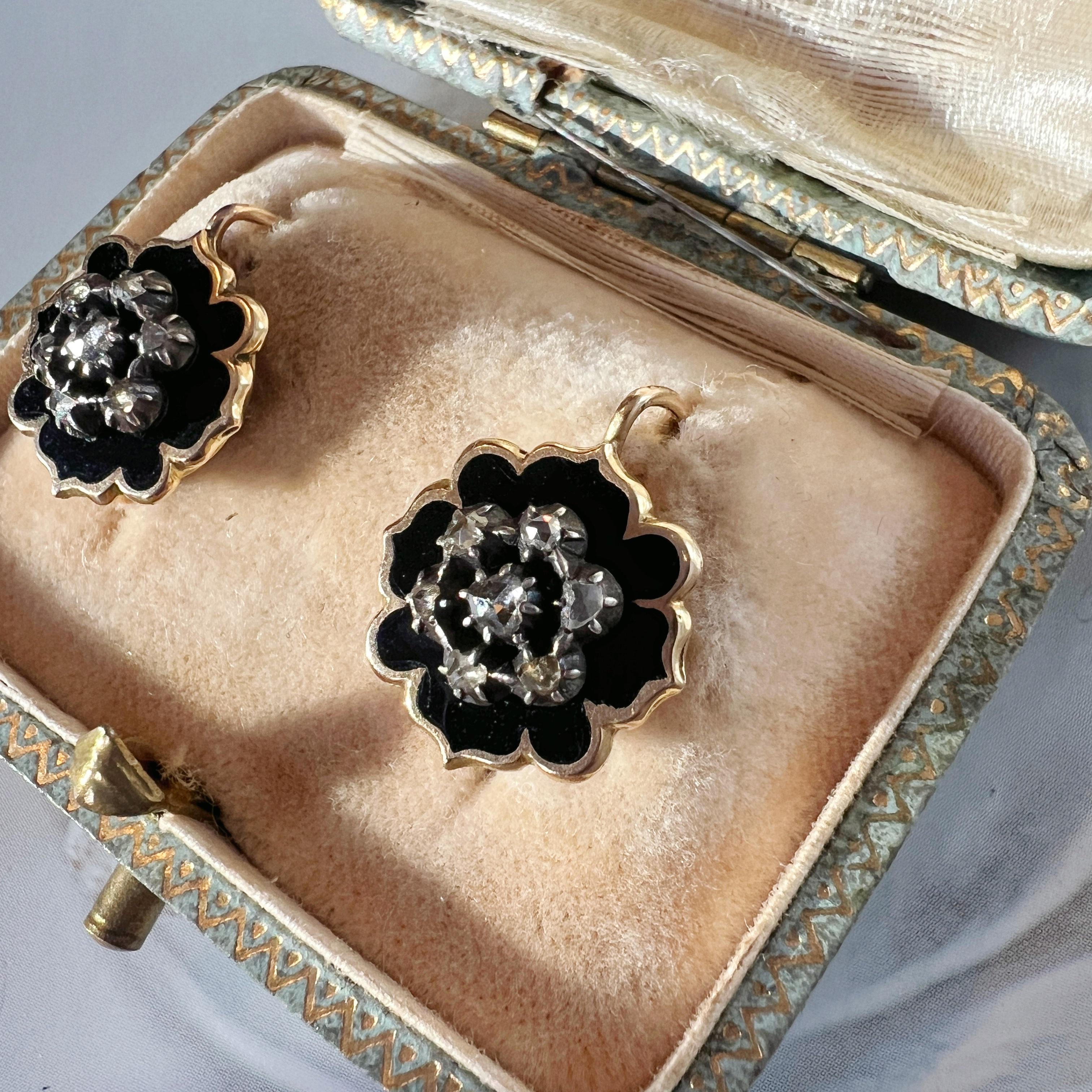Victorian era 18k gold black enamel diamond dangle earrings 1