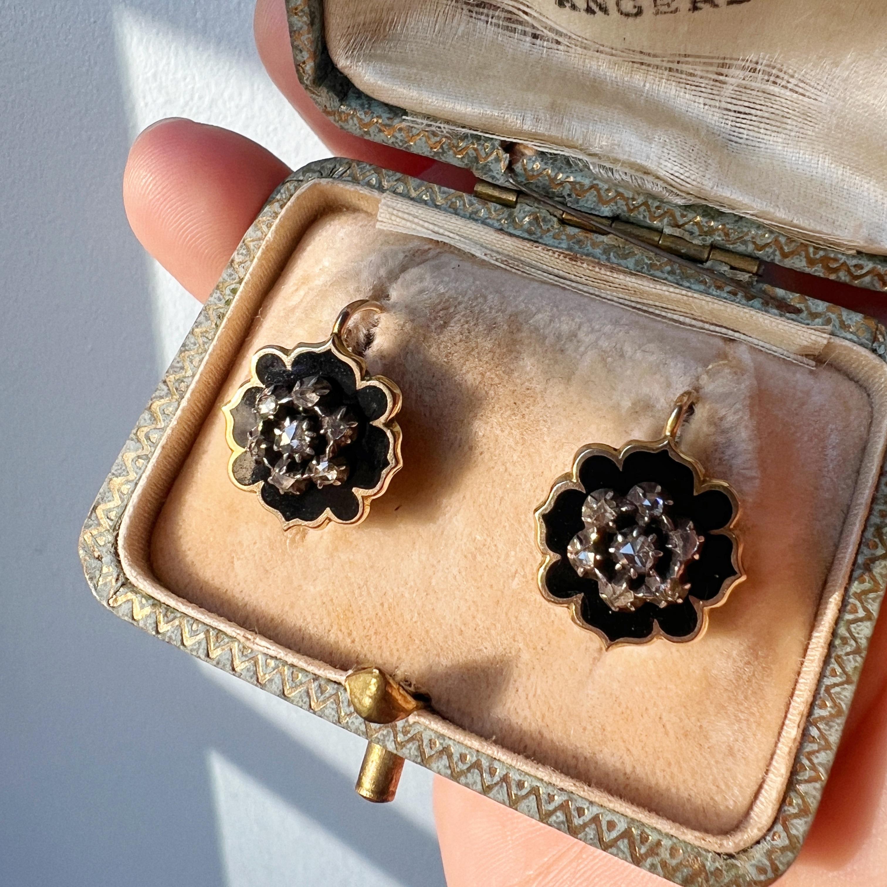 Victorian era 18k gold black enamel diamond dangle earrings 2