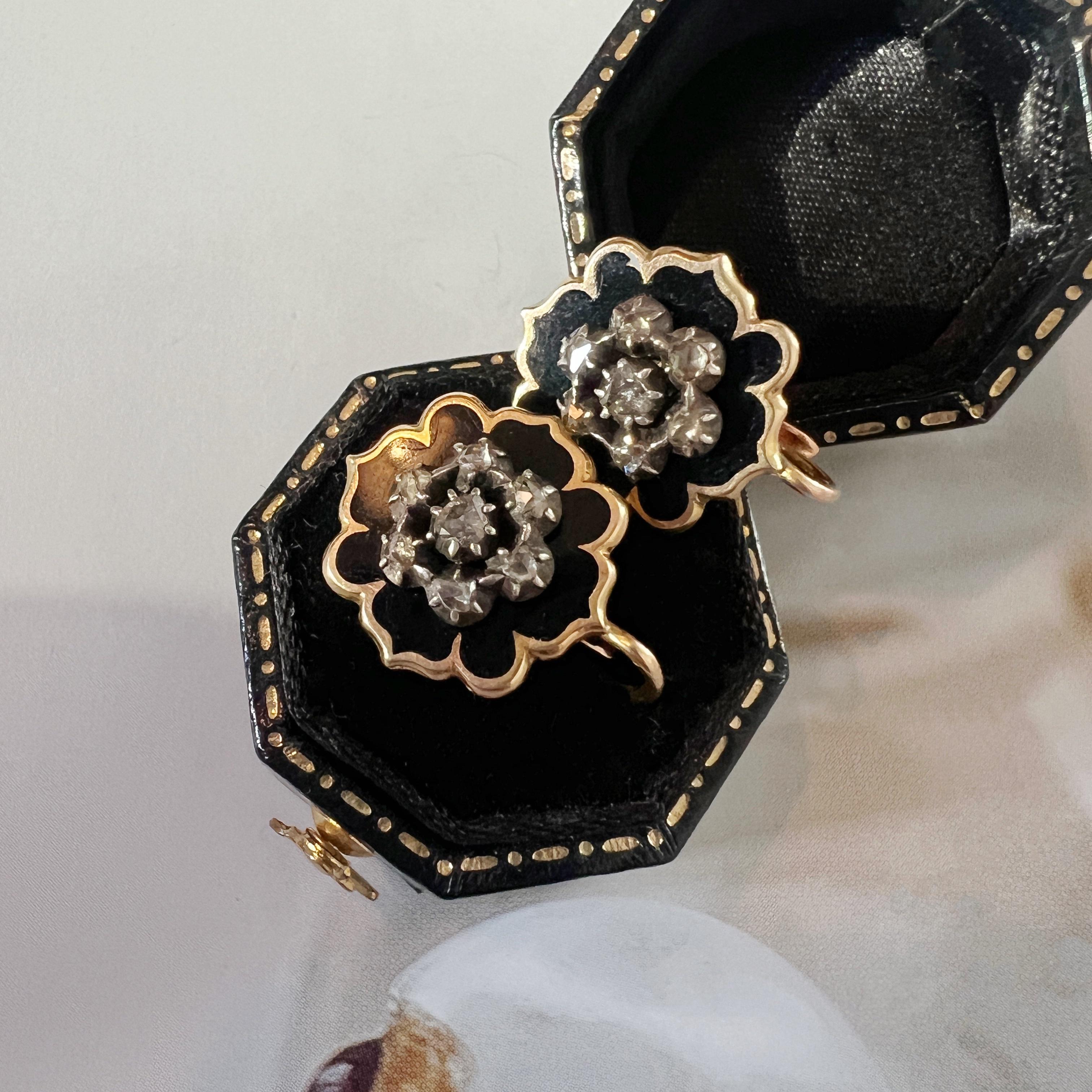 Victorian era 18k gold black enamel diamond dangle earrings 3