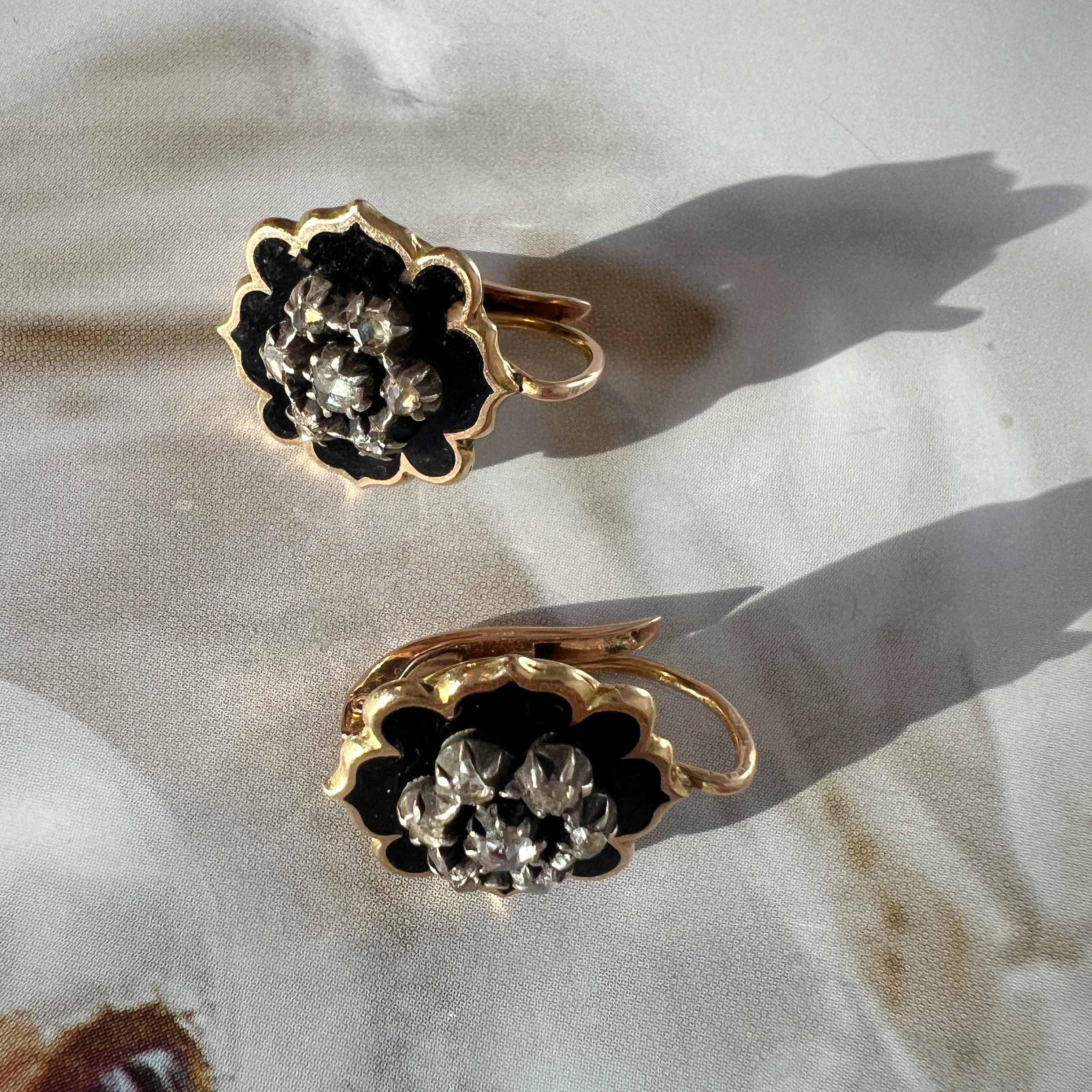 Victorian era 18k gold black enamel diamond dangle earrings 4
