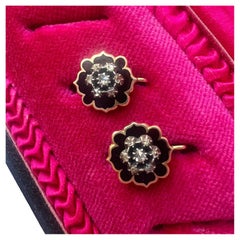 Antique Victorian era 18k gold black enamel diamond dangle earrings