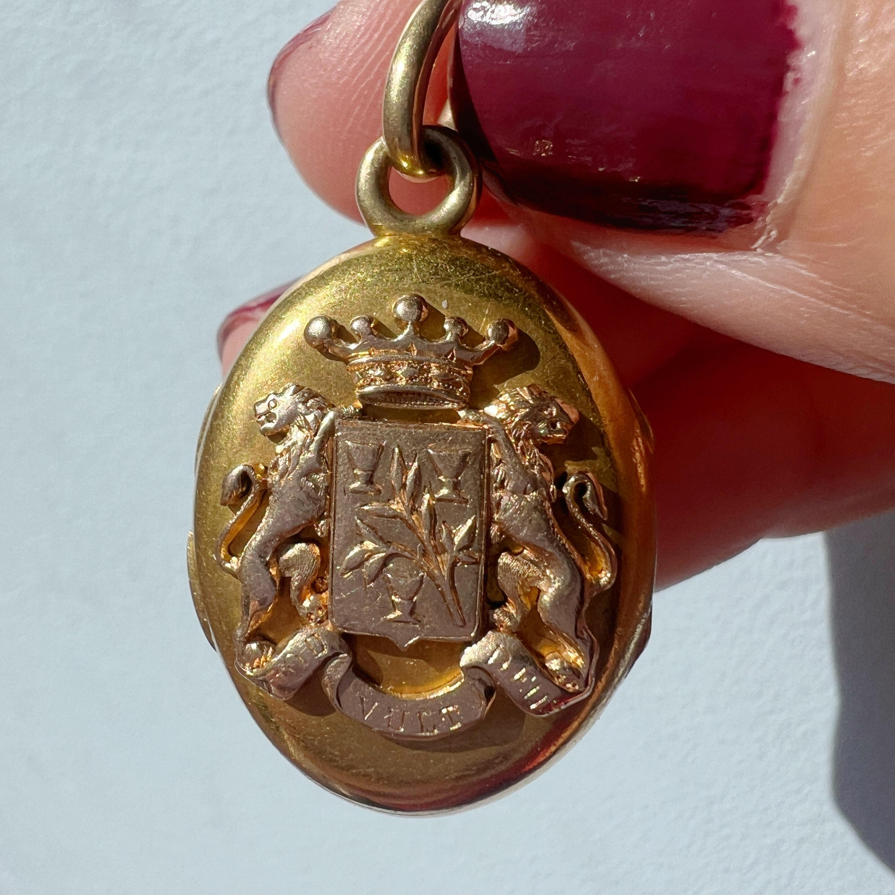 Victorian era 18K gold coat of arms photo locket pendant lion crown flowers 3