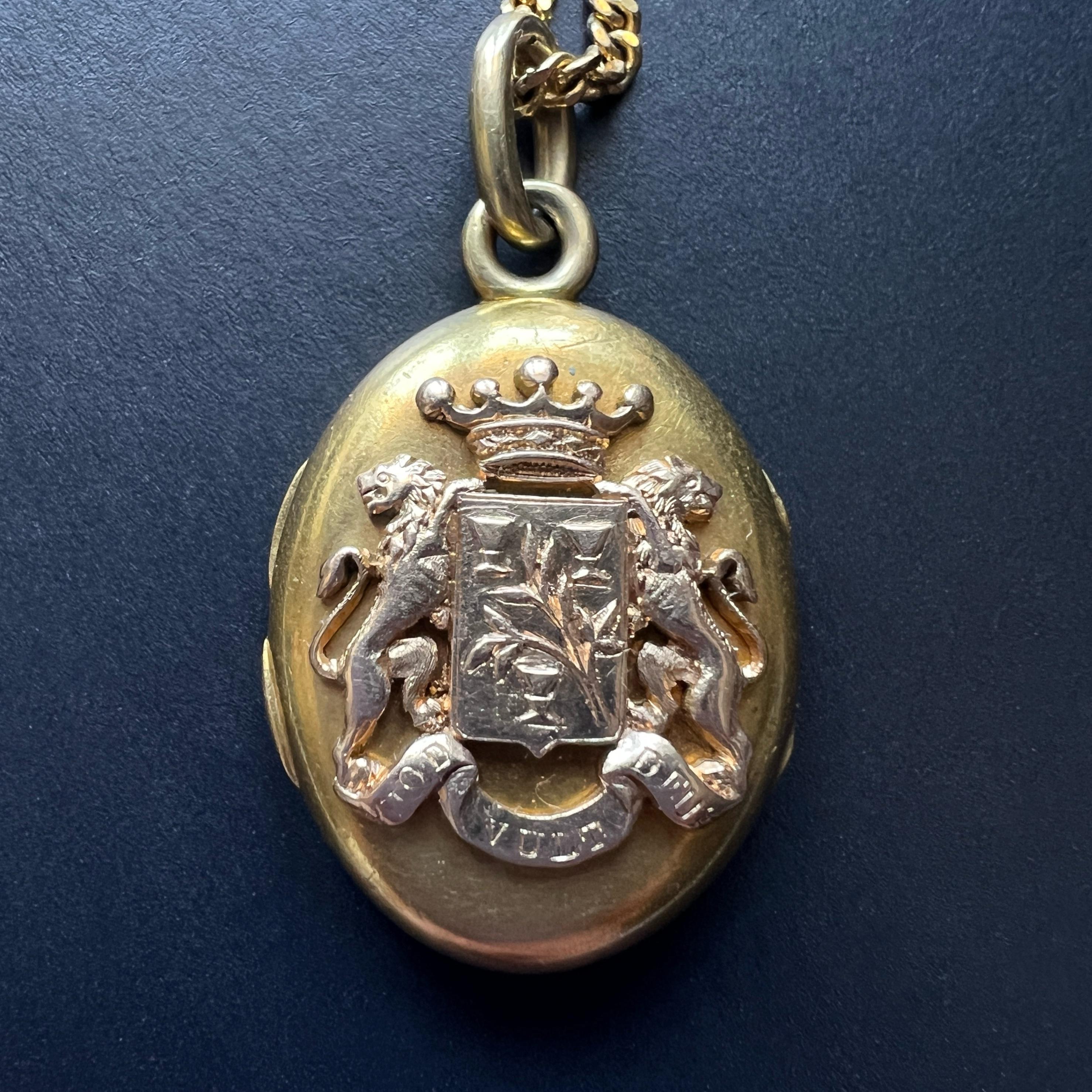 Victorian era 18K gold coat of arms photo locket pendant lion crown flowers 5