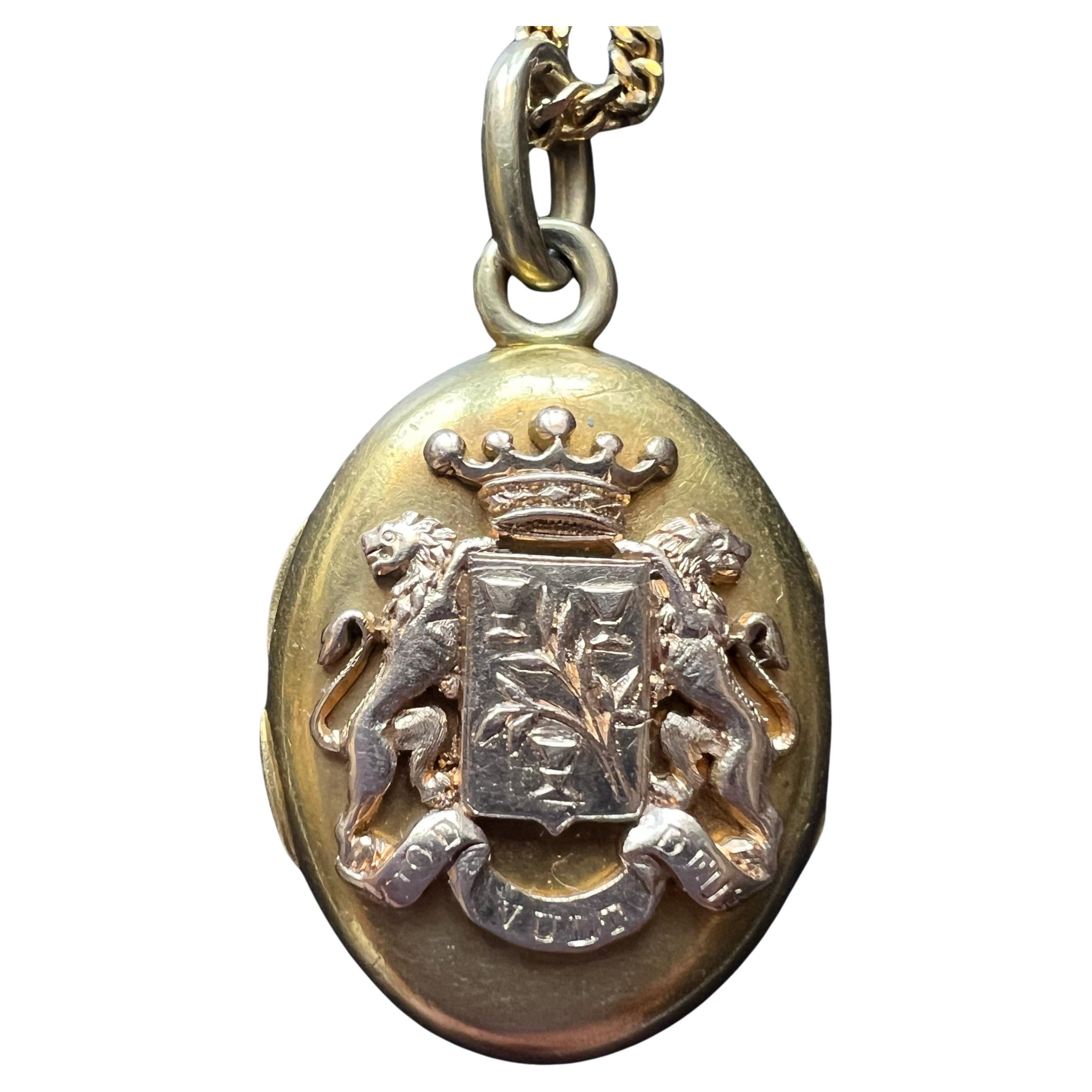 Victorian era 18K gold coat of arms photo locket pendant lion crown flowers