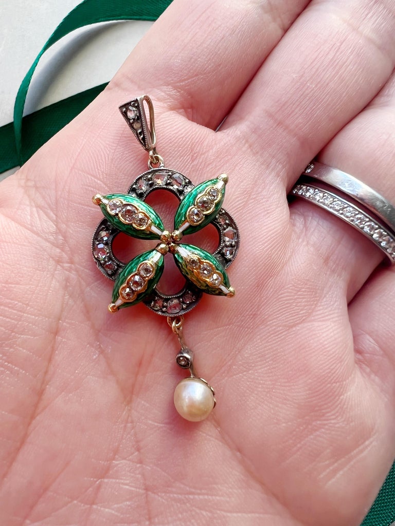 Victorian Era 18k Gold Diamond Pearl Green Enamel Pendant For Sale at