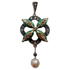 Victorian Era 18k Gold Diamond Pearl Green Enamel Pendant