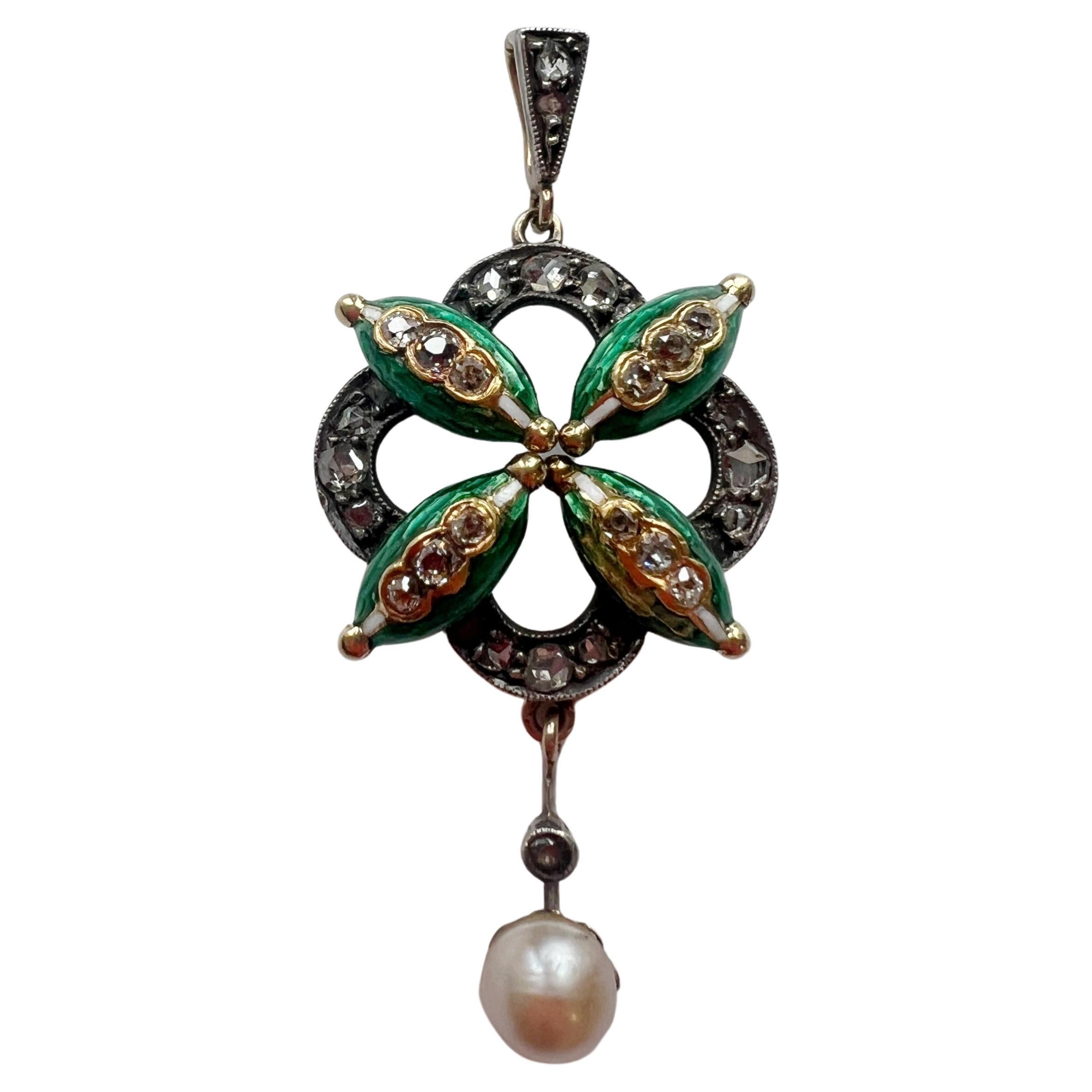 Victorian Era 18k Gold Diamond Pearl Green Enamel Pendant
