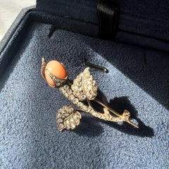 Victorian era 18K gold diamond pink coral rose bud brooch