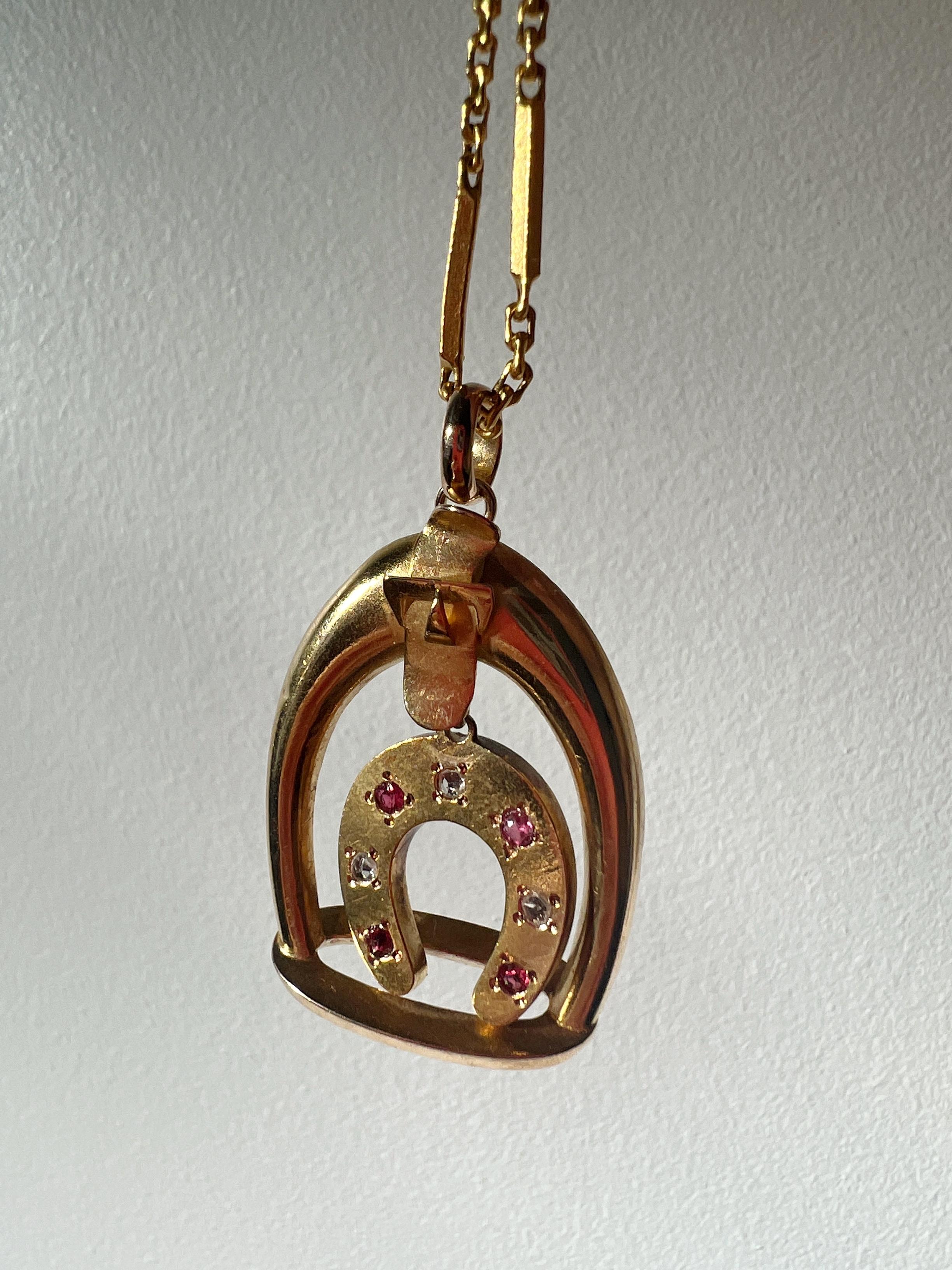 Rose Cut Victorian era 18K gold diamond ruby horseshoe pendant
