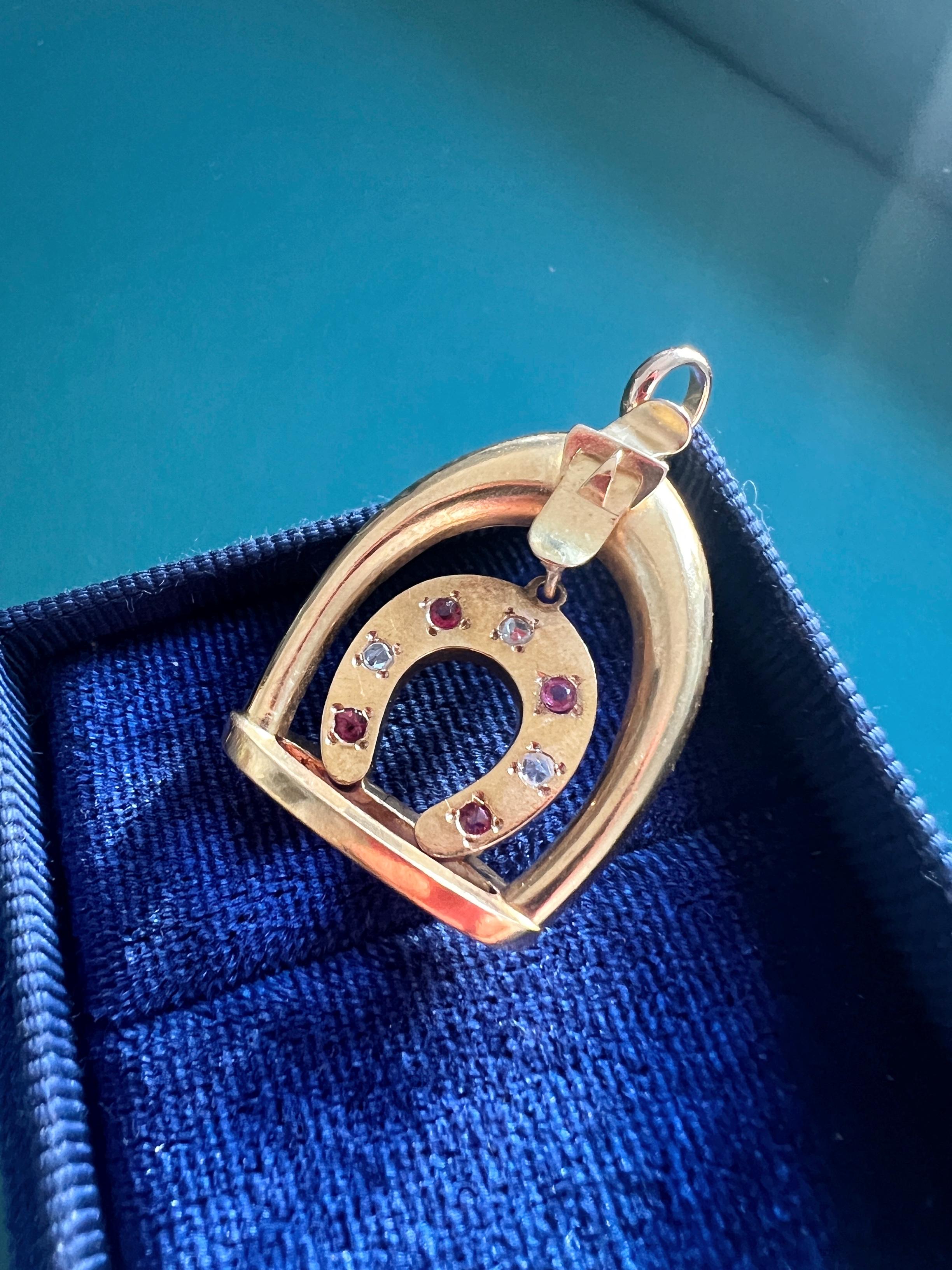 Women's or Men's Victorian era 18K gold diamond ruby horseshoe pendant