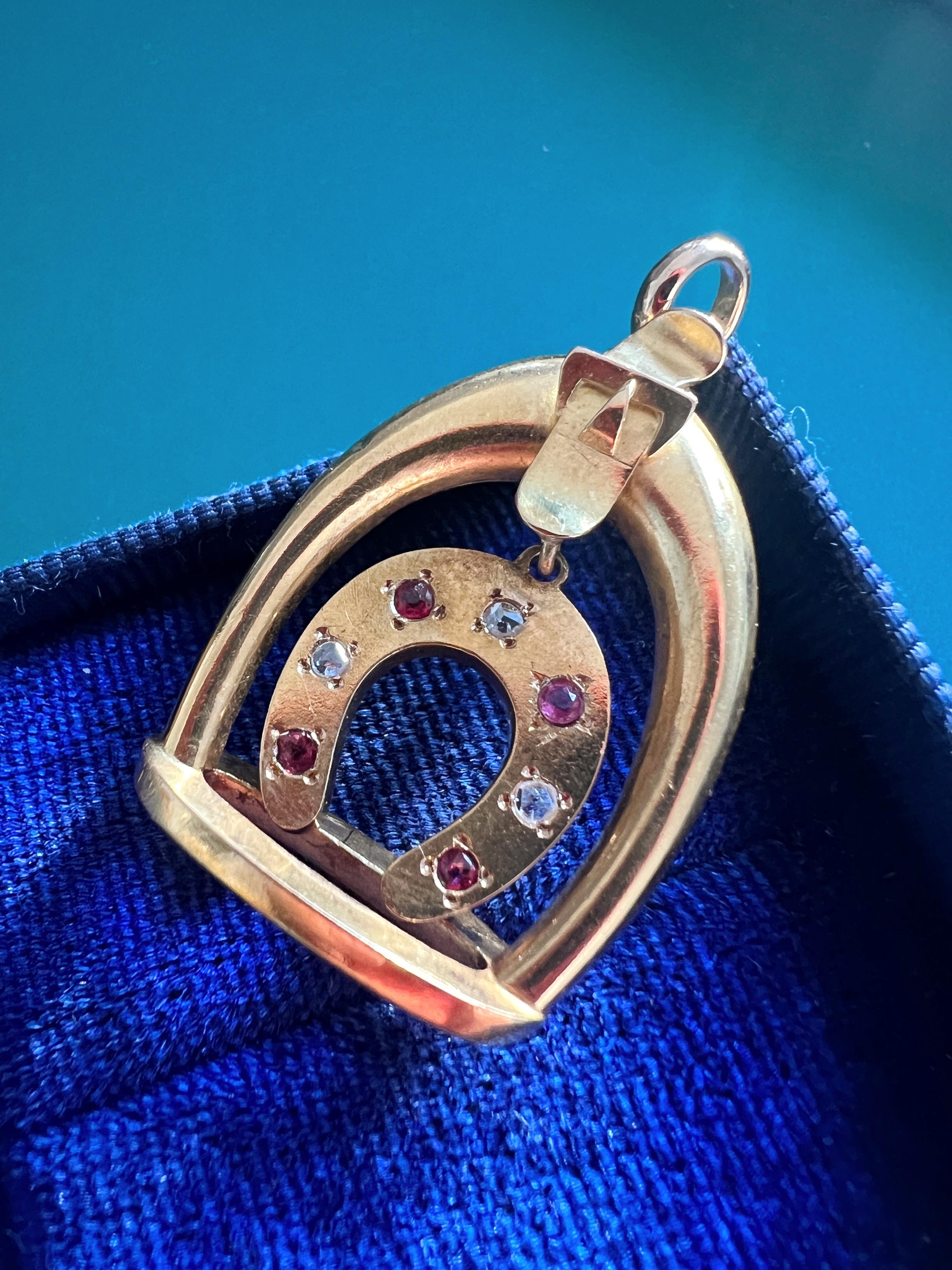 Victorian era 18K gold diamond ruby horseshoe pendant 1