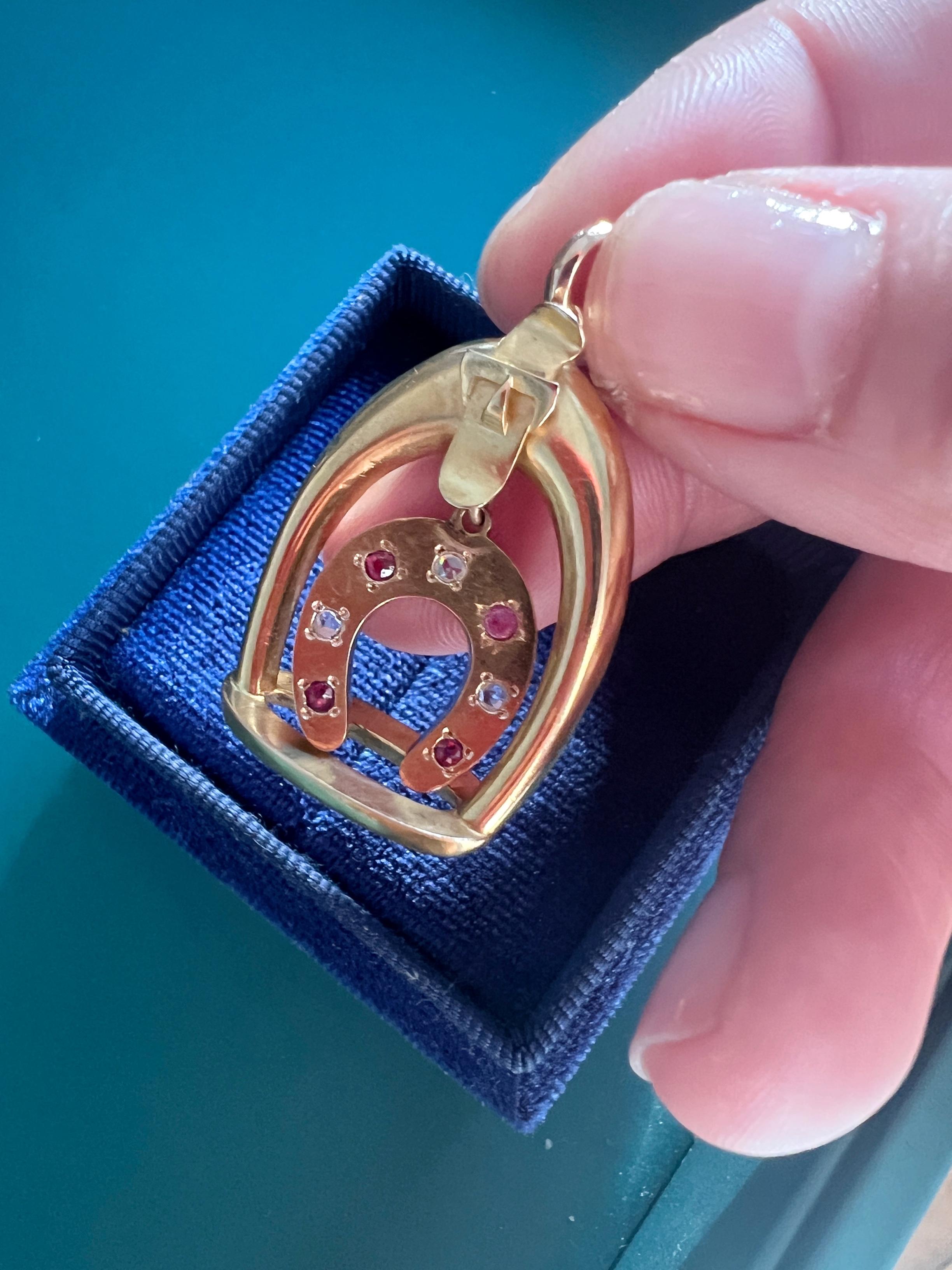 Victorian era 18K gold diamond ruby horseshoe pendant 2