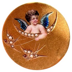 Victorian Era 18k Gold Enamel Angel and Swallow Pearl Brooch