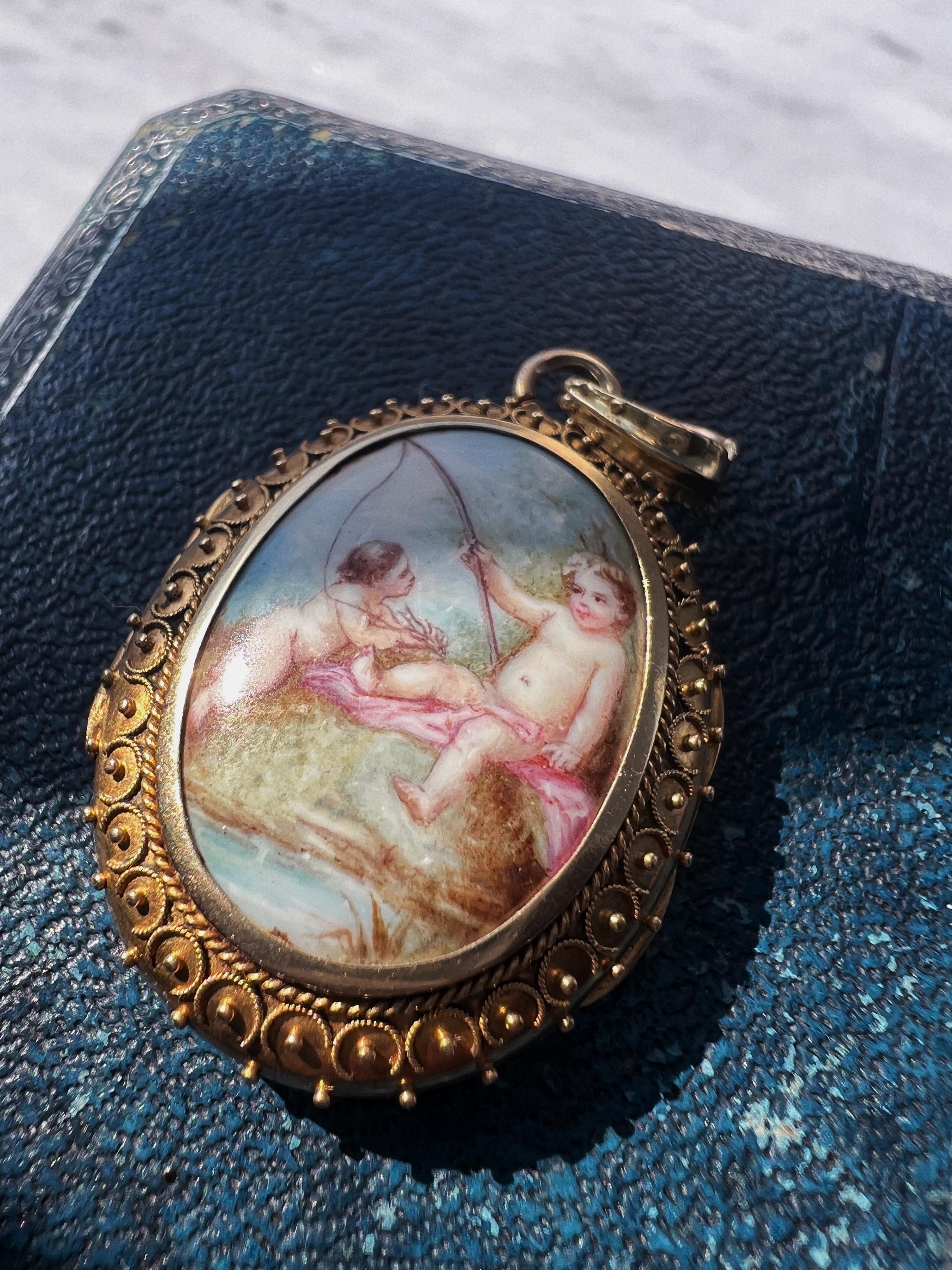 Victorian Era 18k Gold Enamel Cherubs Photo Locket Pendant 2
