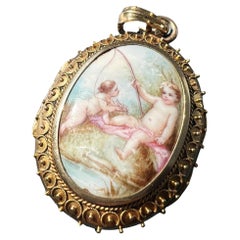 Antique Victorian Era 18k Gold Enamel Cherubs Photo Locket Pendant