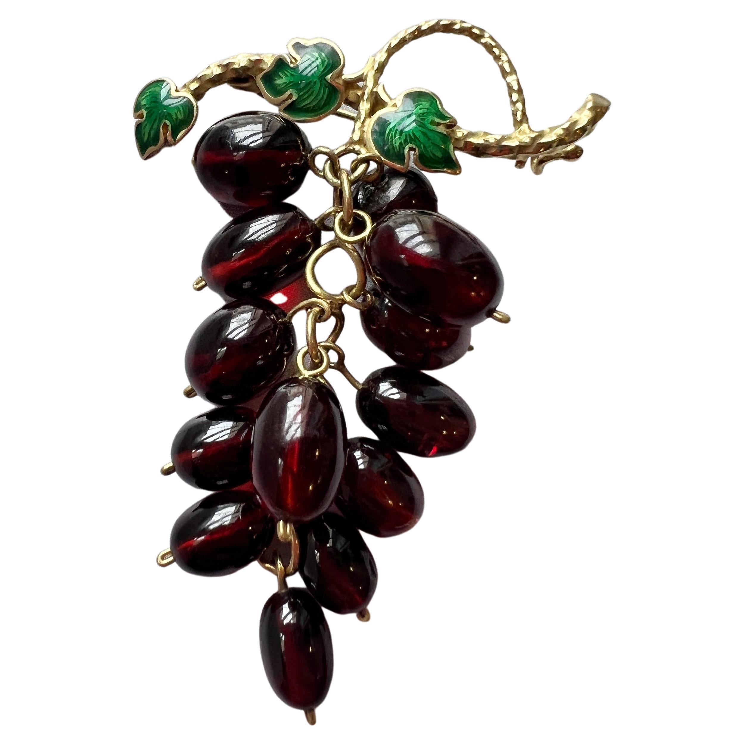 Victorian Era 18k Gold Garnet Cabochon Grapes Brooch