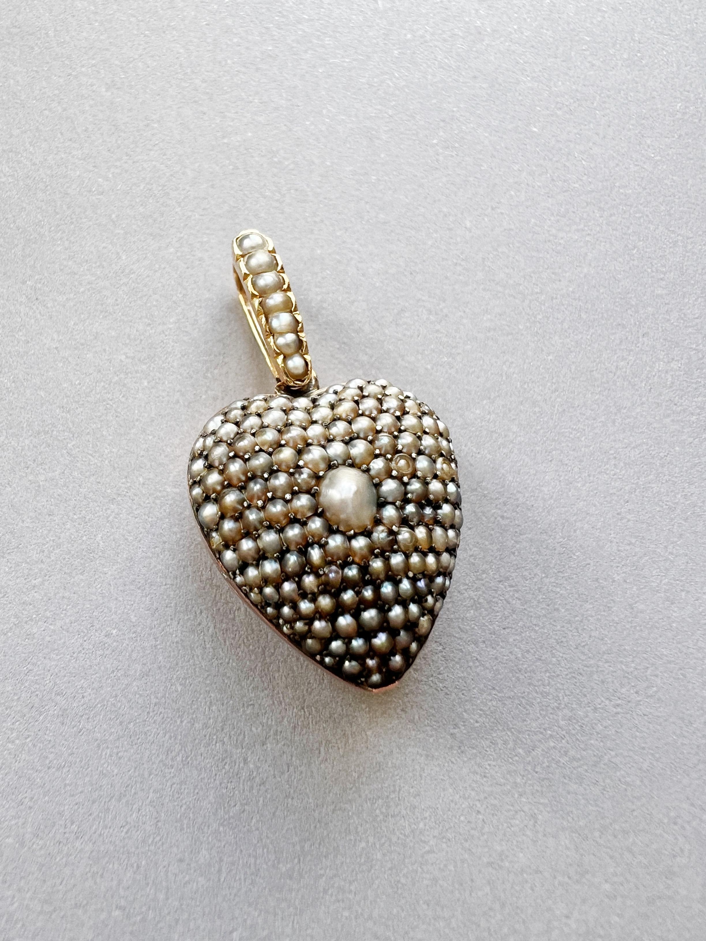 Bead Victorian Era 18k Gold Gray Seed Pearl Puffy Heart Photo Locket Pendant
