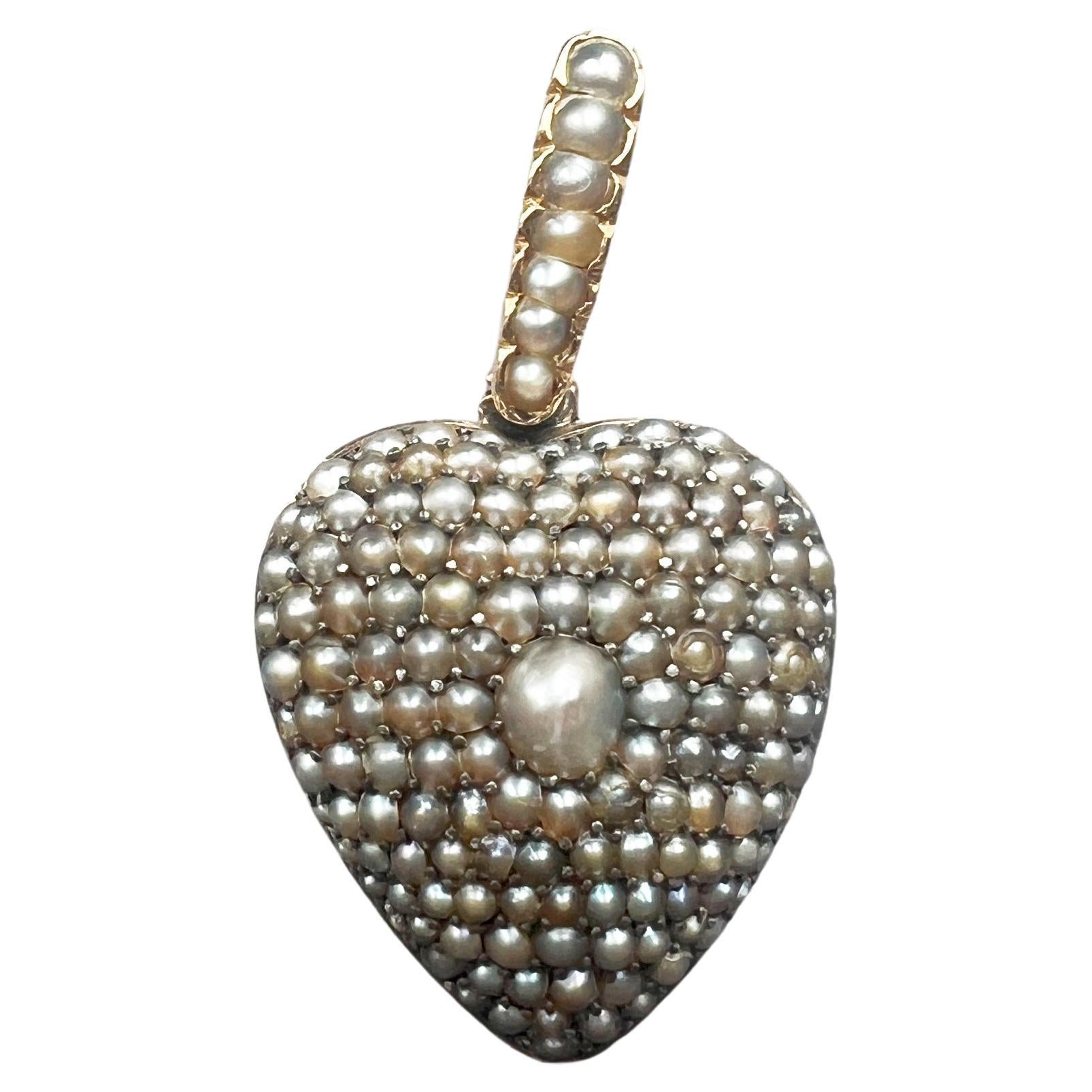 Victorian Era 18k Gold Gray Seed Pearl Puffy Heart Photo Locket Pendant
