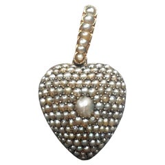 Pendentif en or 18K d'époque victorienne, perles de rocaille grises, coeur bouffant, pendentif photo